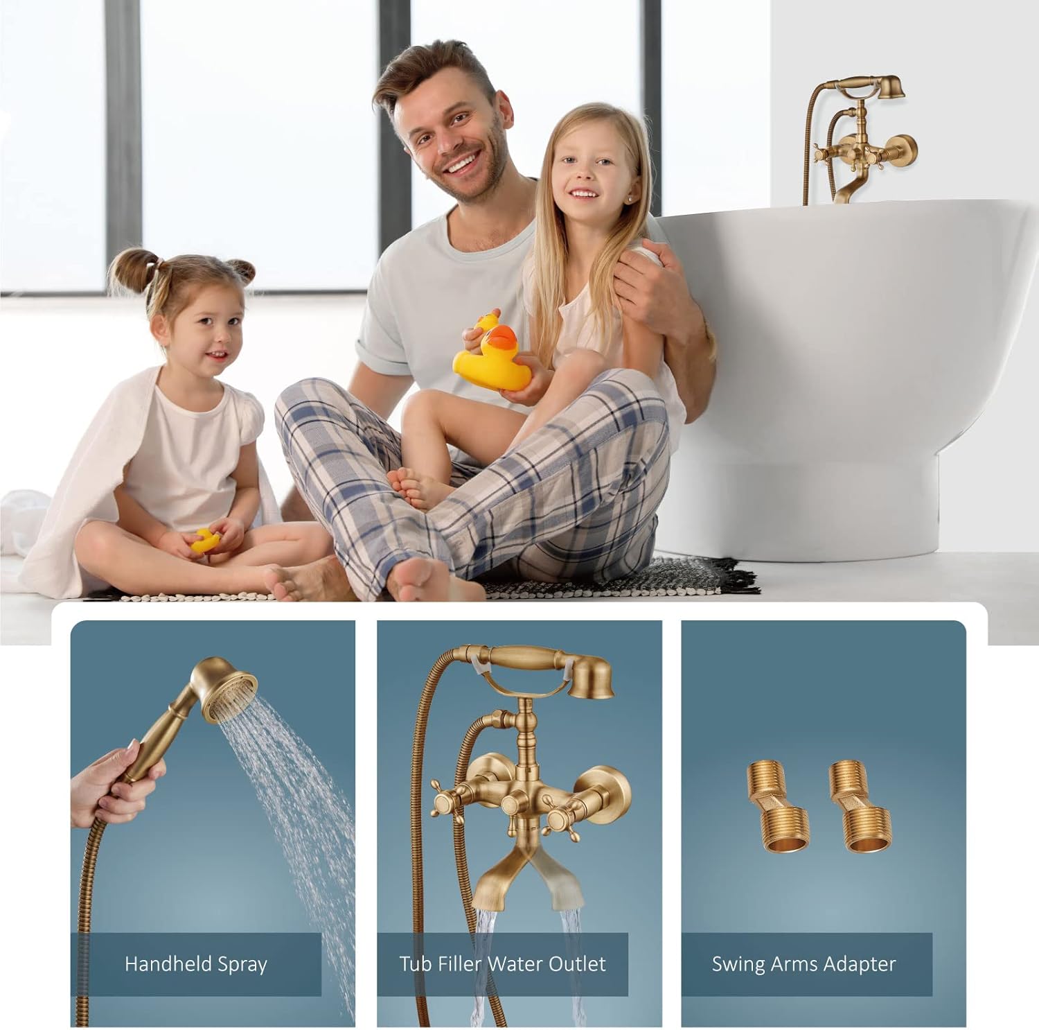 Aolemi Antique Brass 4 Inch Centerset Deck Mounted Bathroom Sink Faucet and Wall Mount Bathtub Faucet with Handheld Sprayer