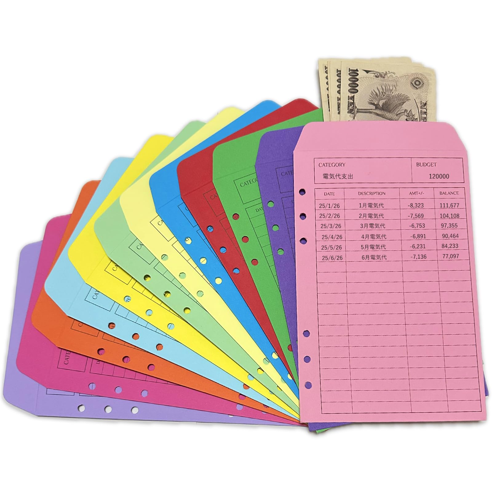DARETOTRY Cash Envelopes, Set of 12 Colors, 5.3 x 8.1 + 1.0 inches (13.5 x 20.5 + 2.5 cm), Fits A5, 6-Ring Binders, Cute, Easy to Manage and Sort, Thick, Durable, Record Your Pays, Household Account :