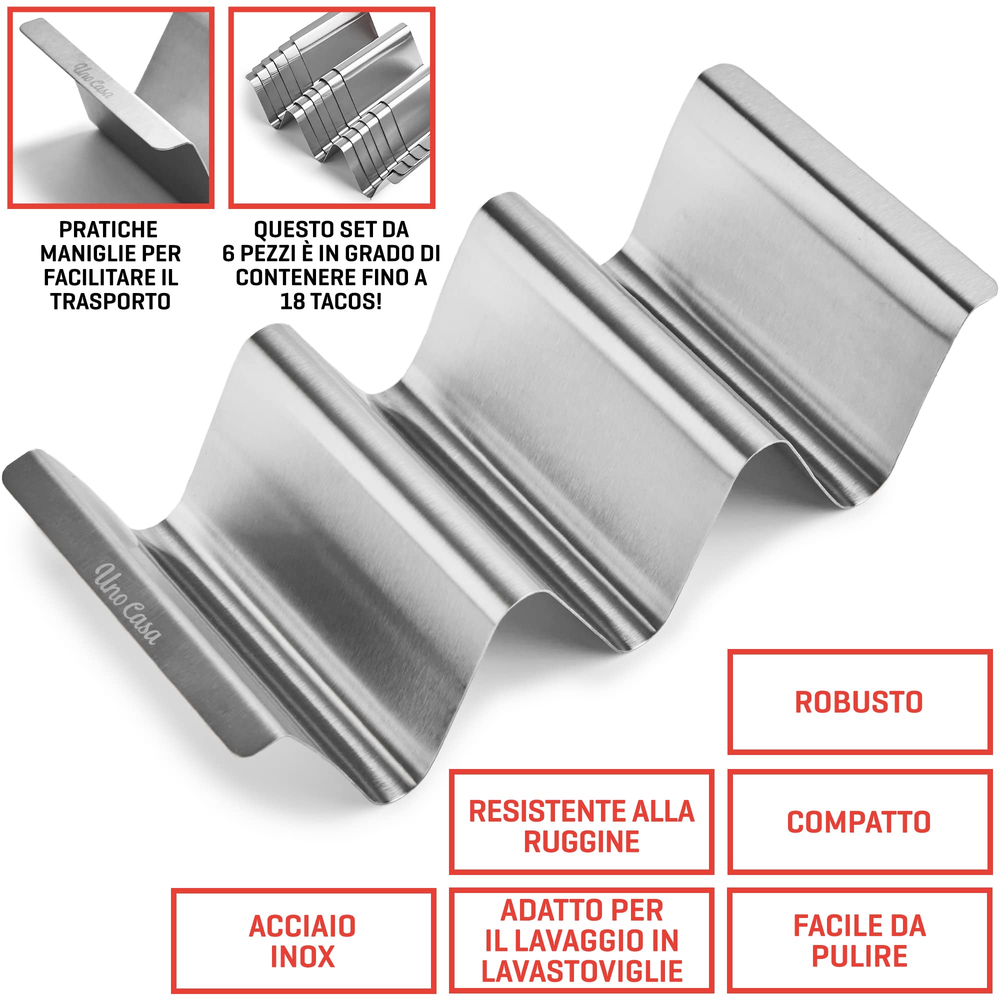 Uno Casa, set di porta tacos da 6 pezzi, porta tacos in metallo, supporto per tacos durevole per il Taco Tuesday o utilizzabile come stampino per realizzare i gusci dei tacos, Ebook con ricette