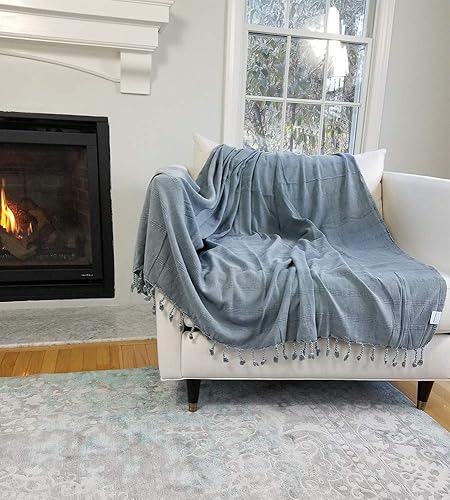 Miniatura 4 de Manta turca grande lavada a la piedra en azul mezclilla gris-azul, suave, acogedora y ligera, perfecta para usar como un sofá biplaza o manta de