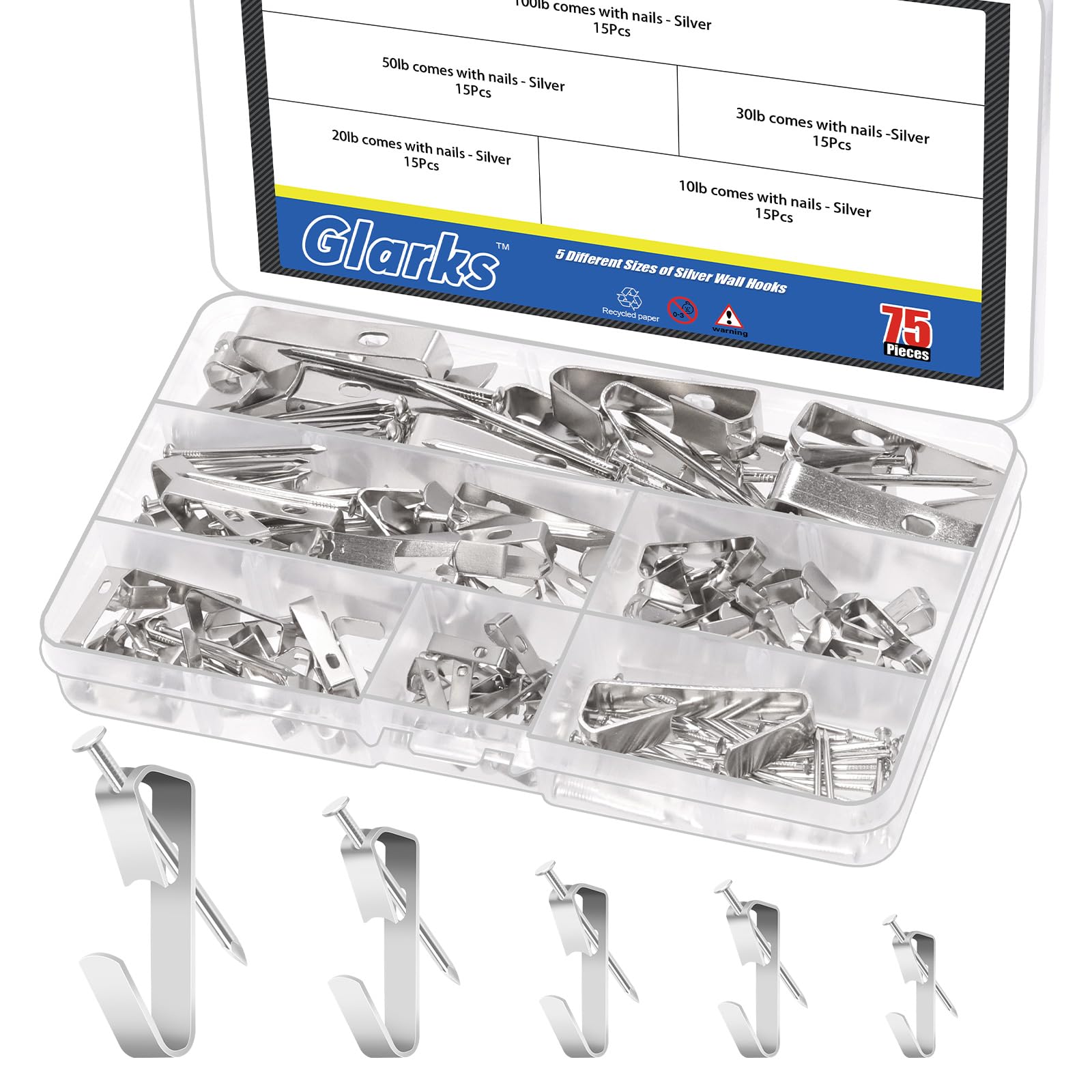 Glarks 75pcs 10lb/20lb/30lb/50lb/100lb Picture Hangers Hooks with Nails Kit, Silver Picture Photo Hanging Hooks with Nails, Picture Hanging Kit for Frame, Painting, Art, Photo â image 1