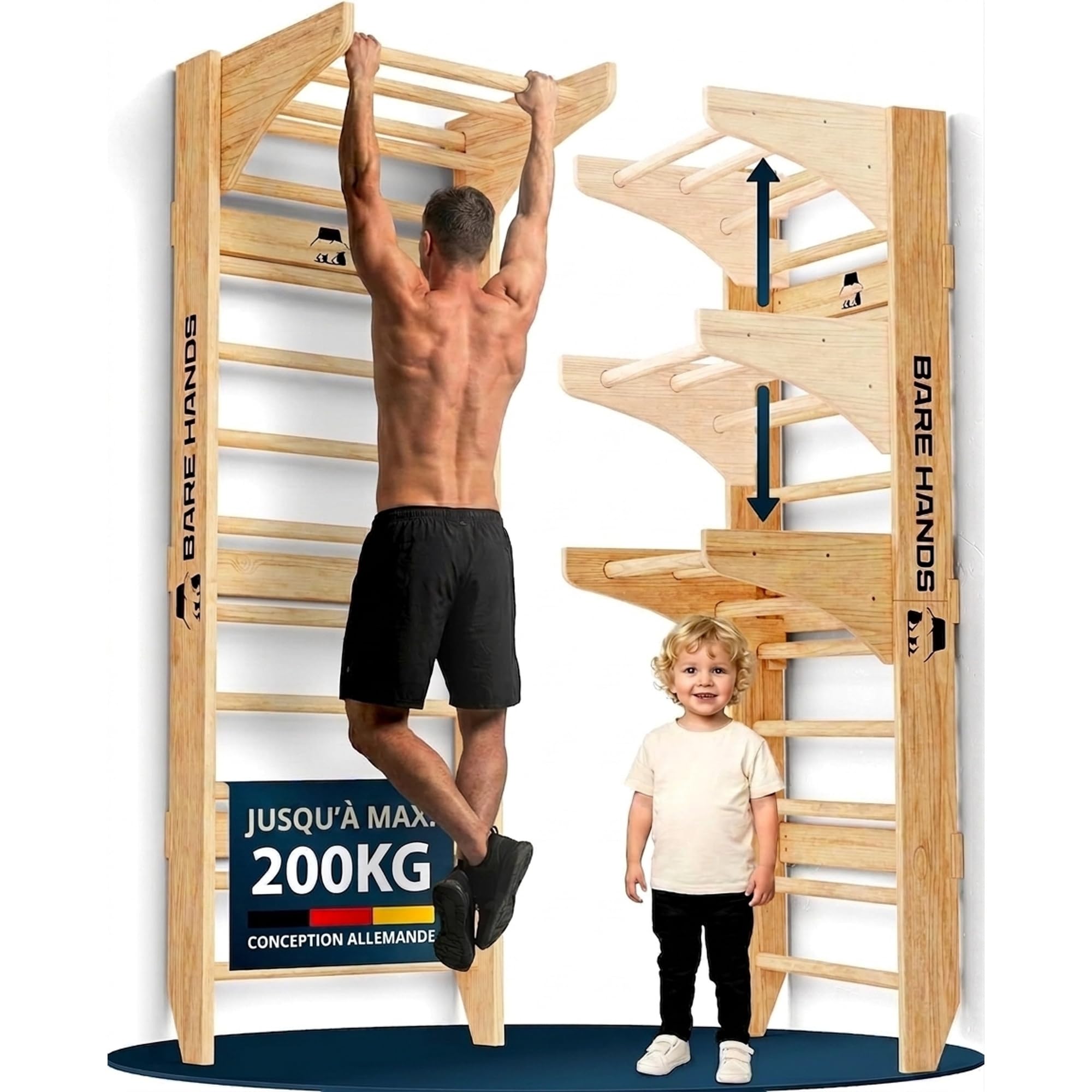 Bare Hands Espalier en Bois pour Adulte et Enfant – Échelle Suédoise Ultra Robuste Jusqu’à 200 kg – Espalier Gym & Musculation pour la Maison – avec ou sans Barre de Traction et Barres à Dips