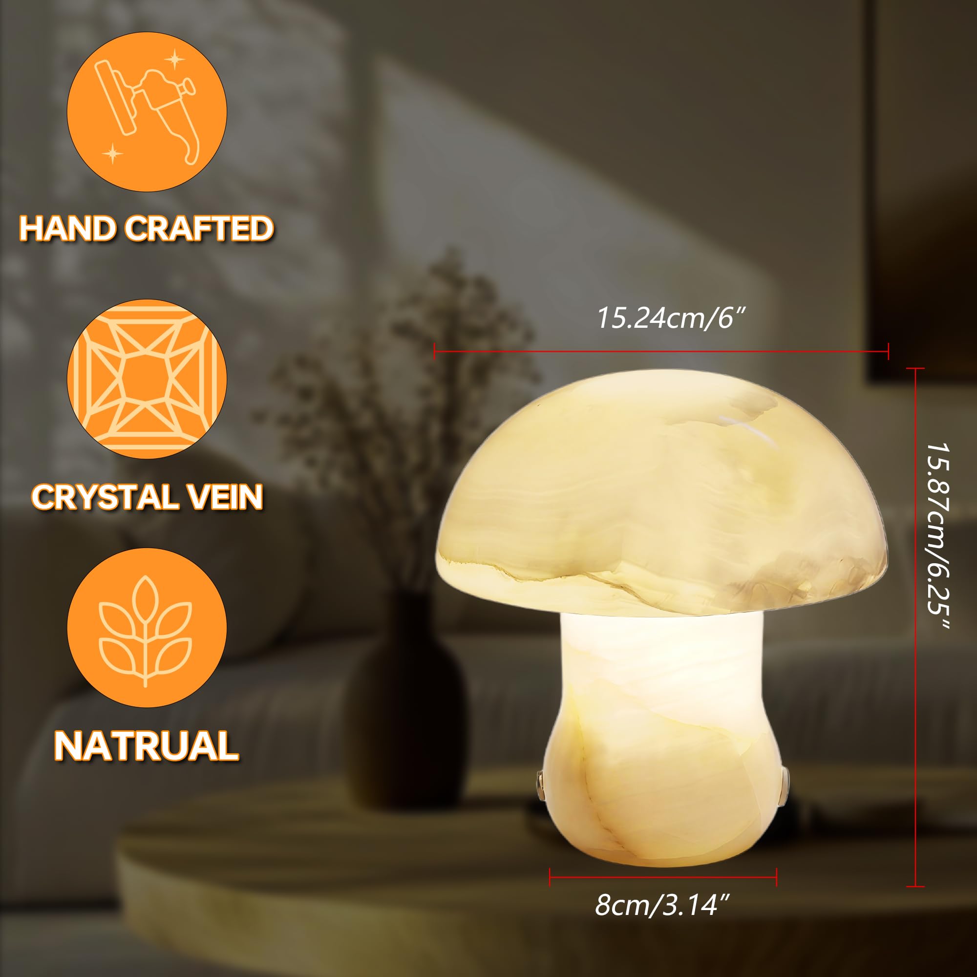 Pilzförmige Lampe aus Naturmarmor, kabelloses Nachtlicht in Pilzform, drei Farbtemperaturen, einstellbare Helligkeit, geeignet für Wohnzimmer, Schlafzimmer und Büro