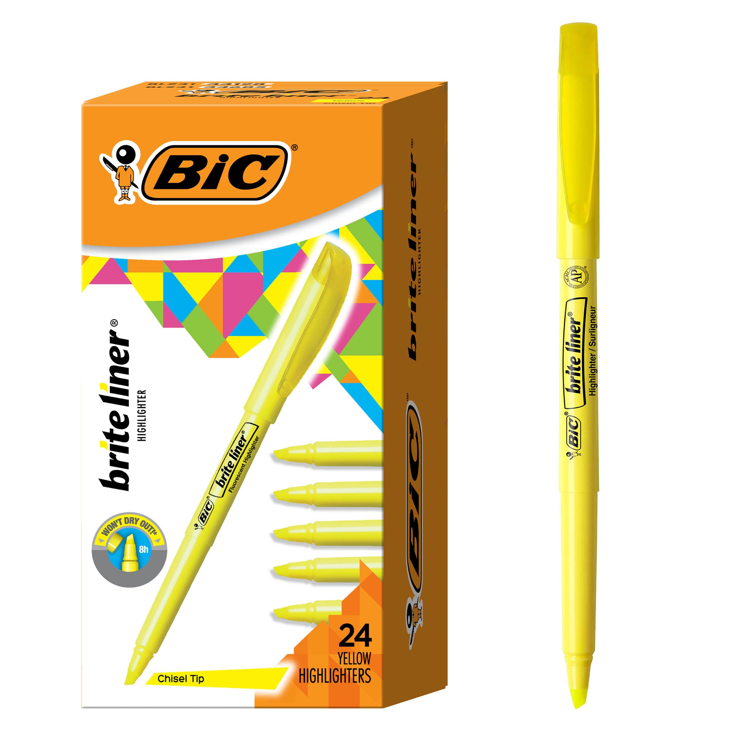 BIC Brite Liner Highlighters, Chisel Tip, 24-Count Pack of Yellow Highlighters, Ideal Highlighter Set for Organizing and Coloring