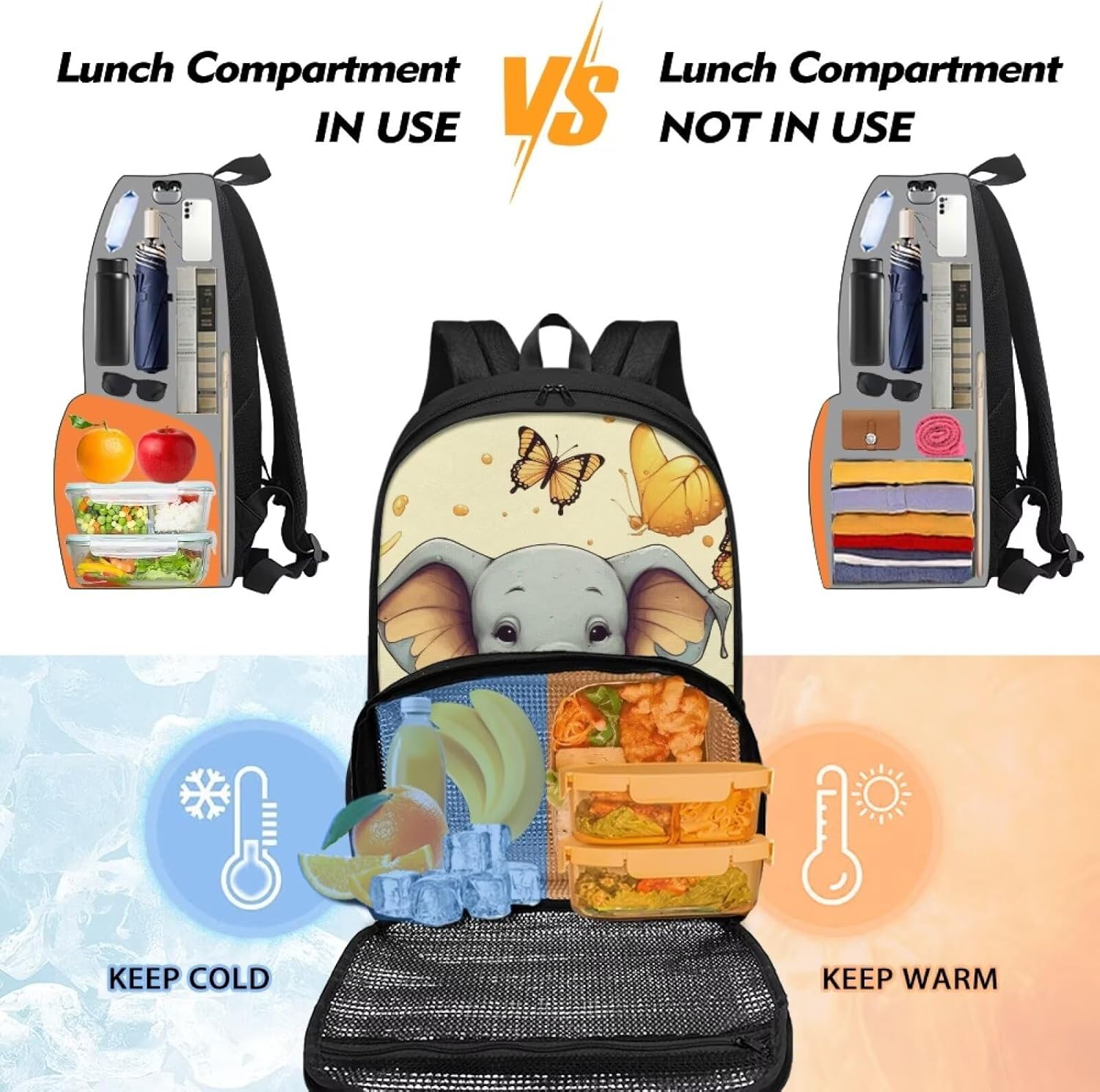 Elephant All-in-One Backpack for Kids Lunch Box with Food Compartment Insulated Cooler Kids Lunch Bag Large Capacity Bookbag for Girls Boys 10-12 Back to School Gifts