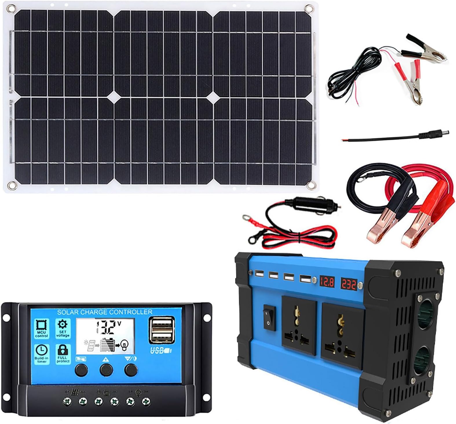 Complete Solar Power Kit 6000W Inverter + 18W 18V Panel w/Dual Voltage Controller - 4 USB Ports & LED Display(220V)