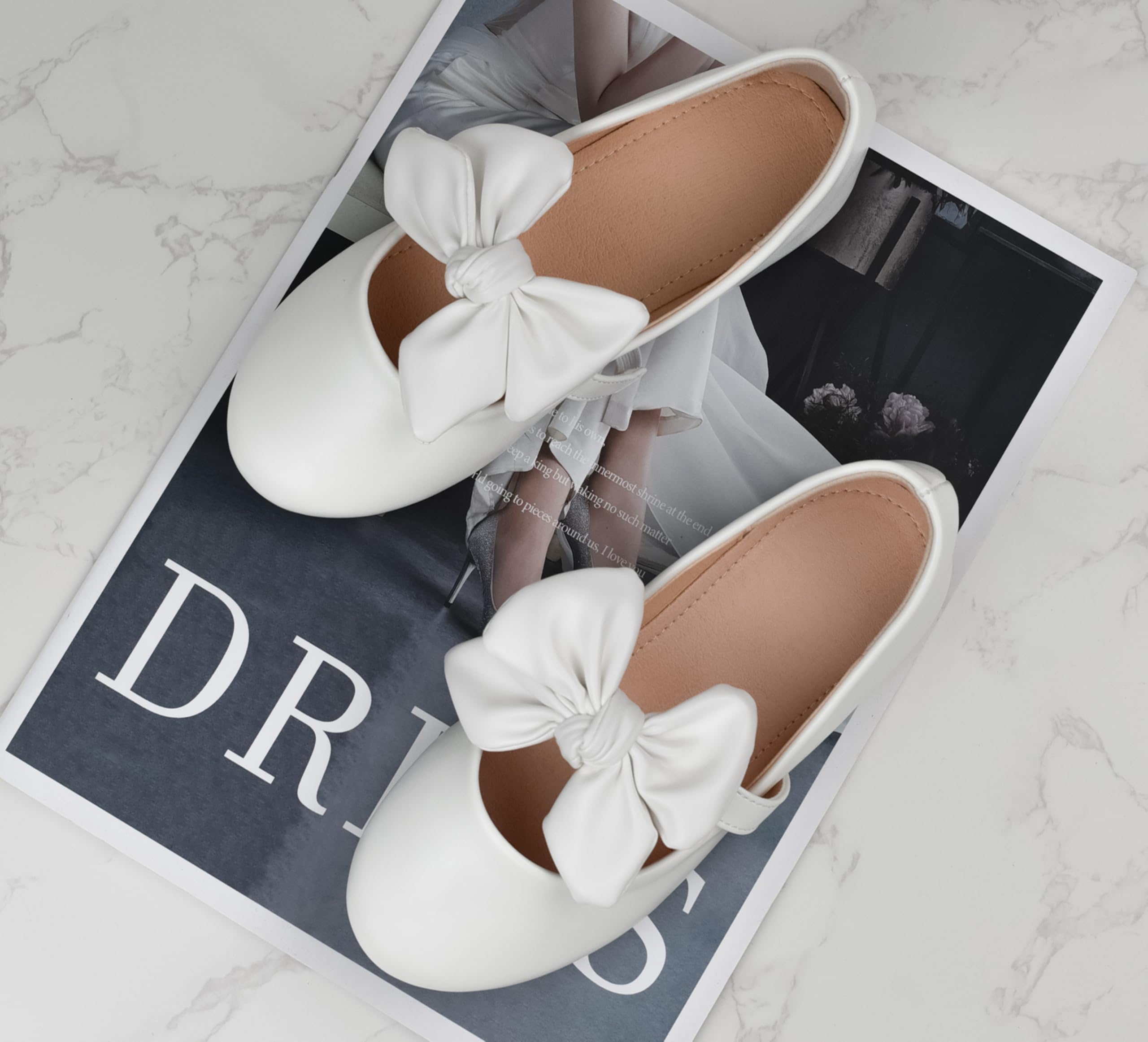 Scarpe Mary Jane Eleganti per Ragazze Scarpe Ballerine Basse Bianche con Fiocco per Festa, Matrimonio, attività, Scuola