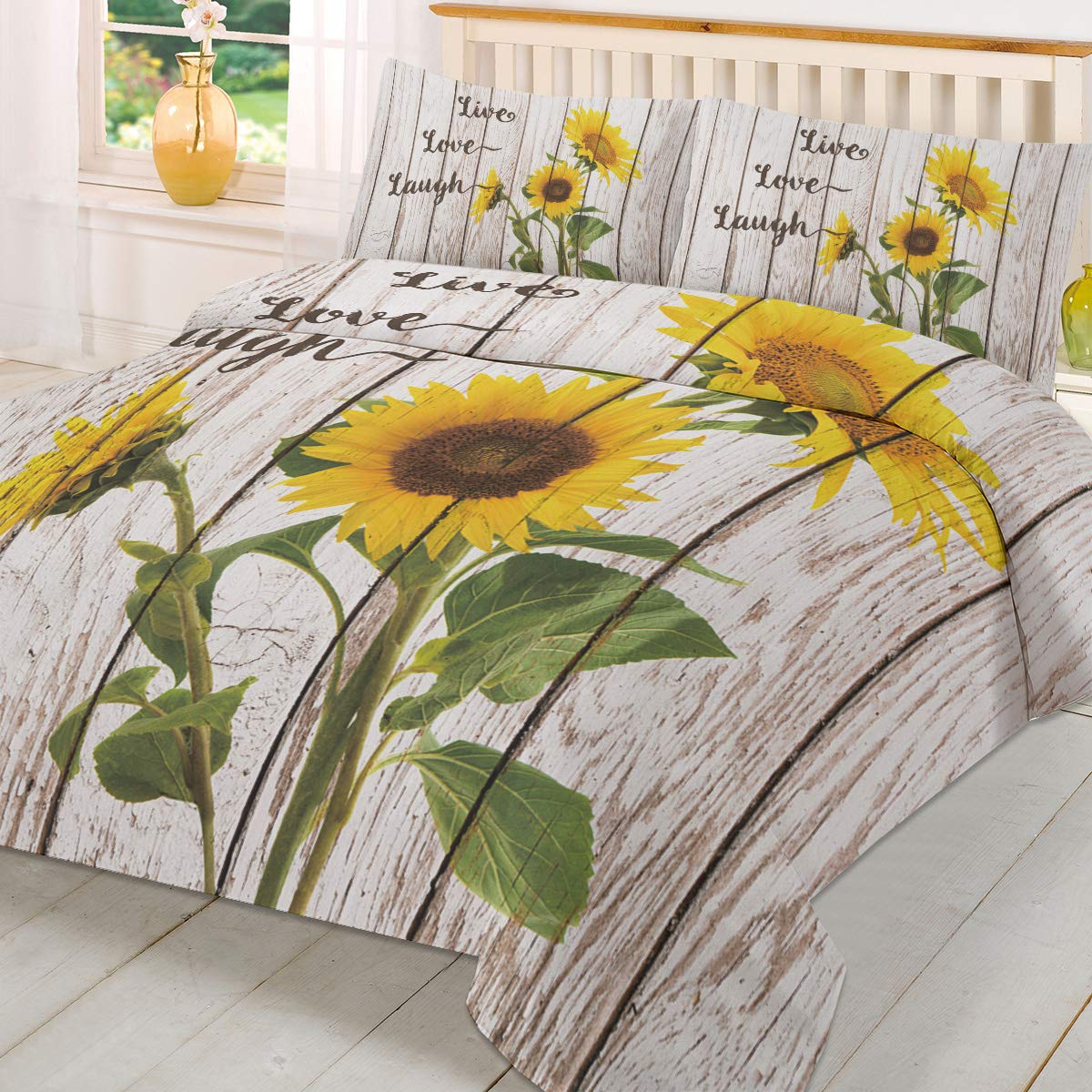 DoremiHome 3 Pieces Sunflower Duvet Cover Set Ultra Soft and Easy Care Breathable Cozy, Bedding Set for Bedroom Decor King Size Set Live Love Laugh Vintage Farm Rustic On Wood