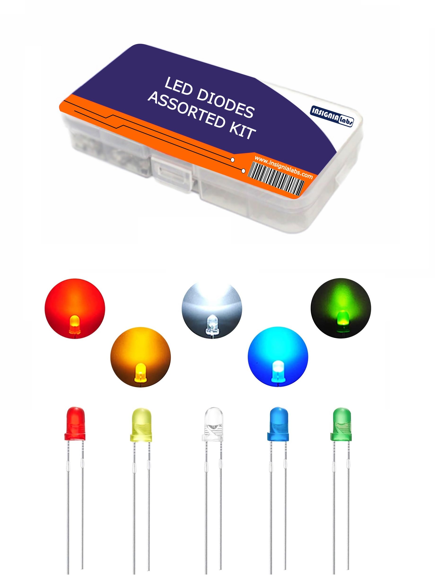 100Pcs (5 Colors x 20Pcs) 5mm LED Diode Assorted Kit (Diffused Lens) Light Emitting Diode Assorted Kit, Colors Red/Green/Yellow/White/Blue LED Box