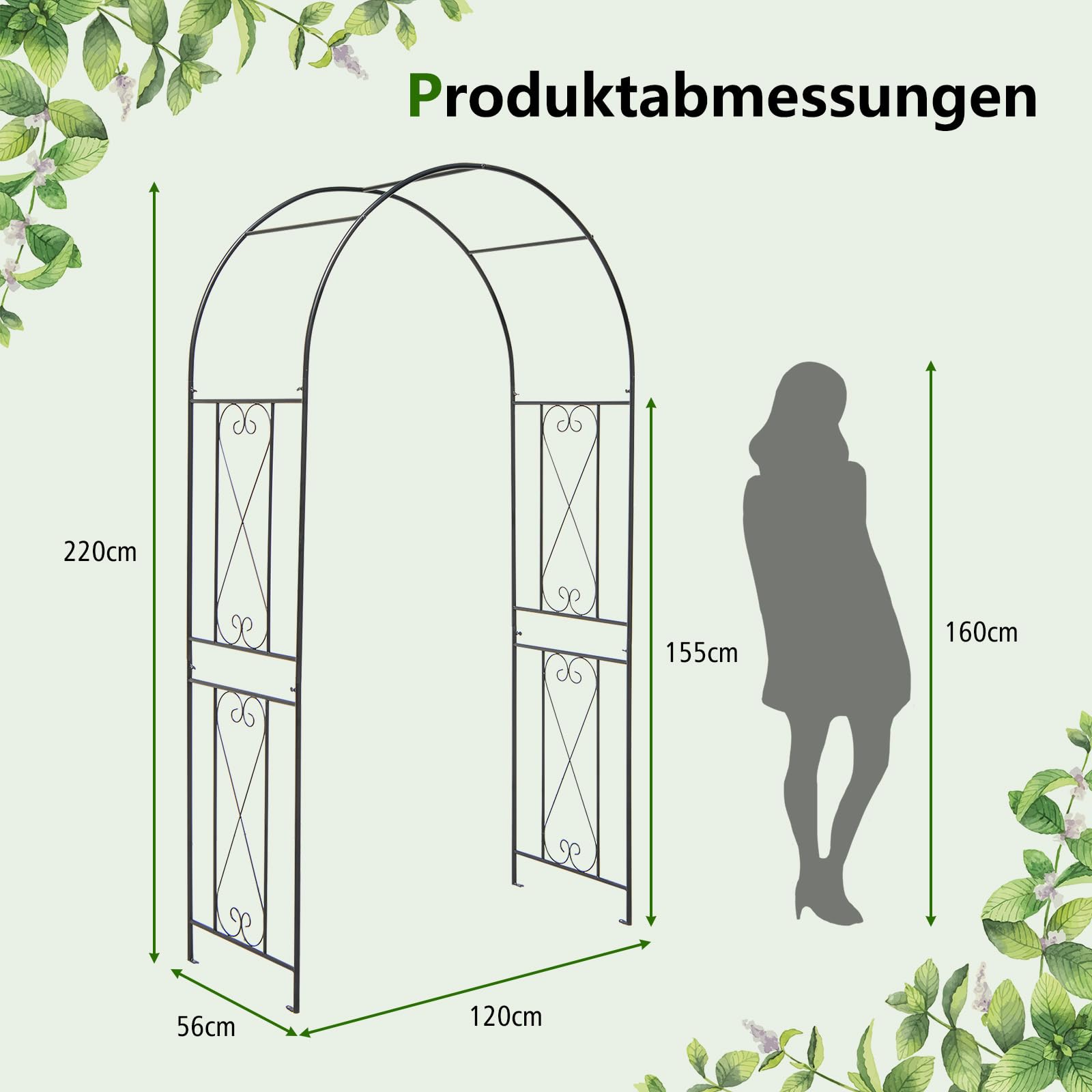 COSTWAY Rosenbogen Metall, Gartenbogen für Kletterpflanzen, Rosengitter mit 4 Bodenpfählen, Torbogen Rankhilfe Rankgitter, Rankbogen für Hinterhof Hochzeit Party, 120 x 56 x 220 cm, Schwarz