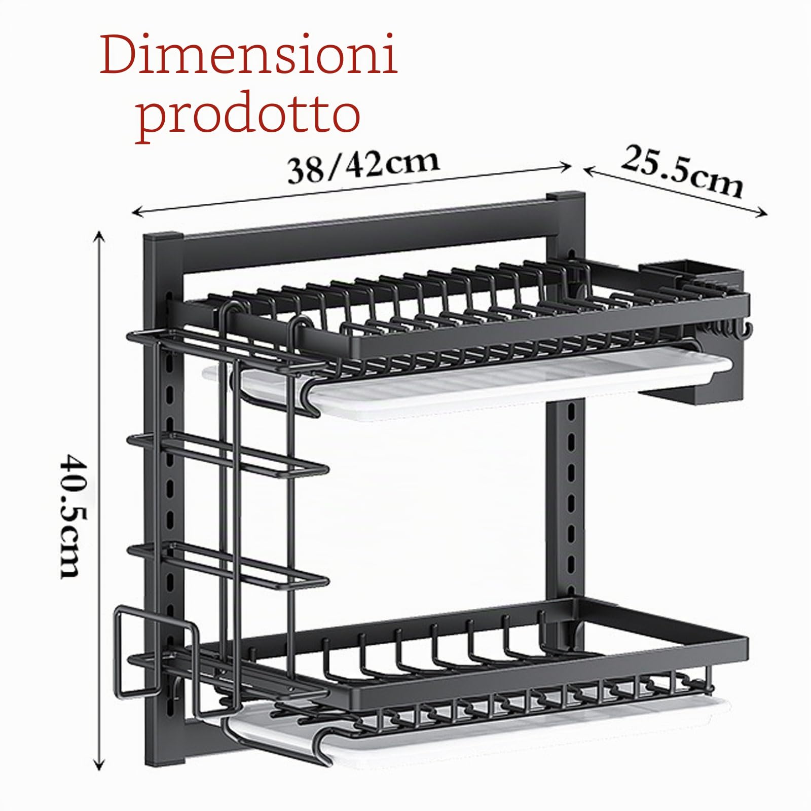 Scolapiatti a Parete,Vaschetta scolapiatti a Parete a 2 Livelli,Scaffale per Stoviglie con Scolapiattis,Scolapiattis da Cucina,Salvaspazio,Antiruggine,per Piatti,Ciotole e taglieri