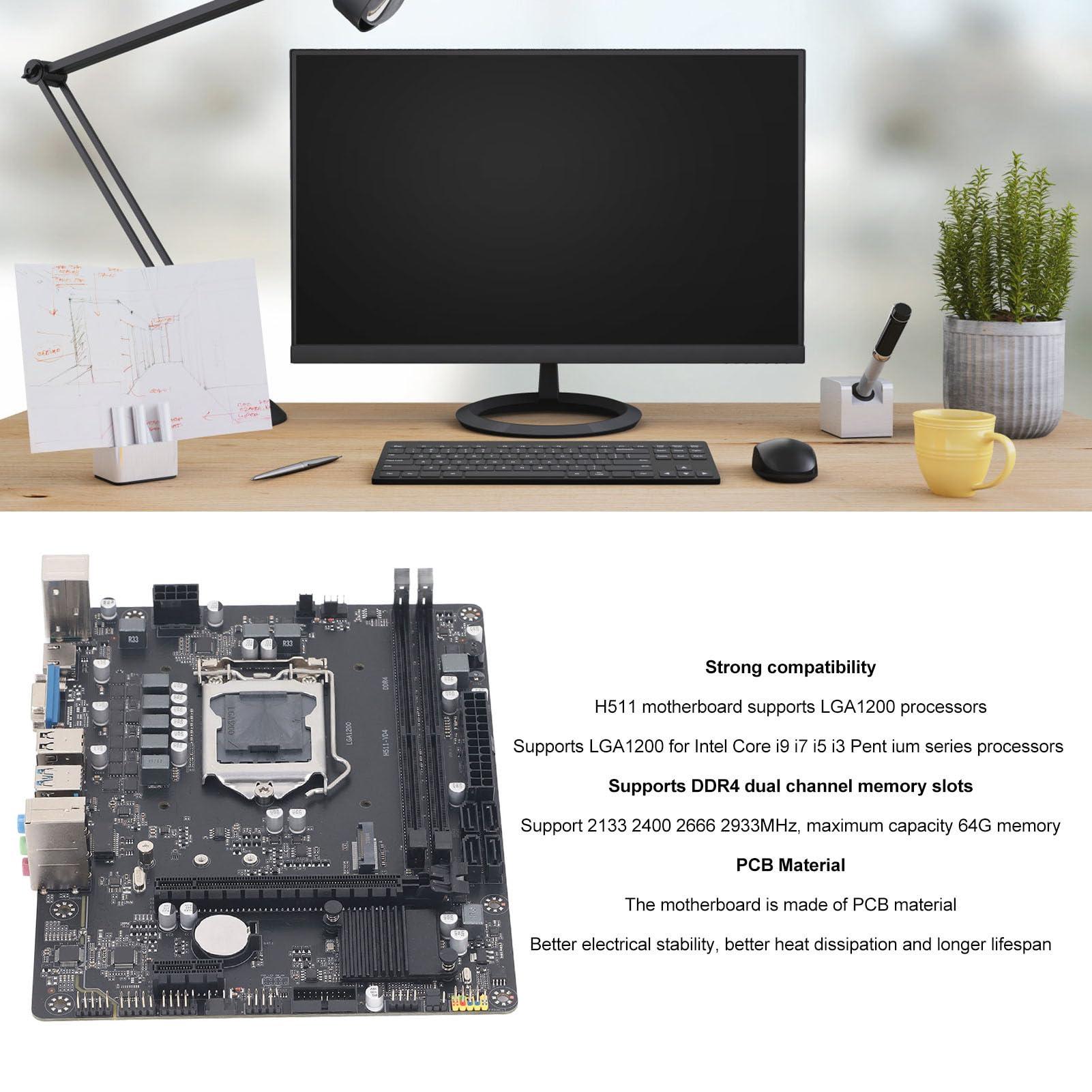 Płyta Główna LGA 1200, Płyta Główna do Gier DDR4 Obsługuje Procesory Intel Core I9 I7 I5 I3 Pent Ium, Dwukanałowa pamięć DDR4 USB3.0 SATA Płyta Główna Komputera Stacjonarnego,