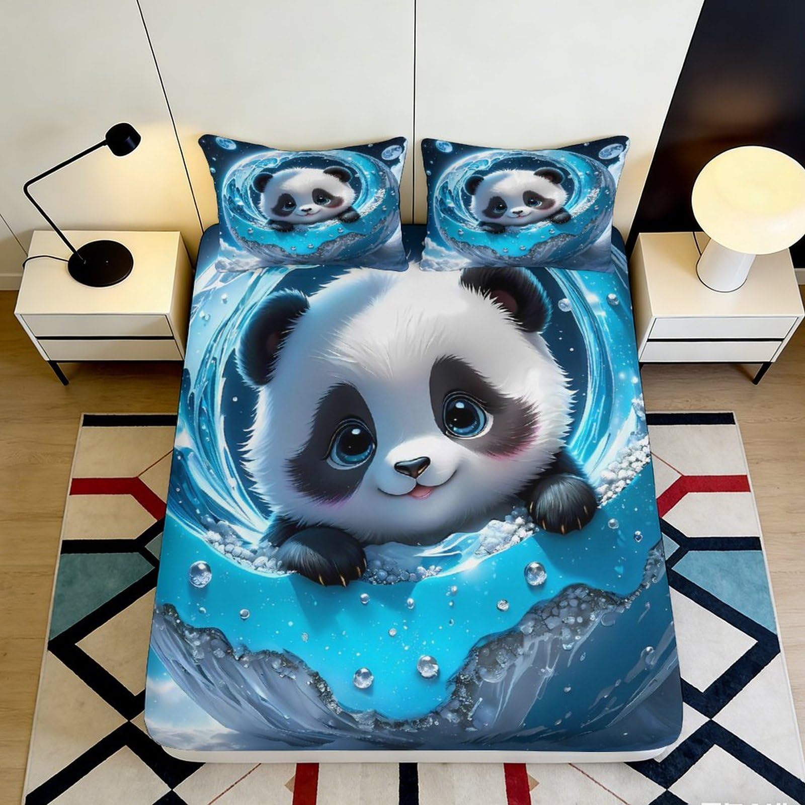 3D Printed playful panda Fitted Sheet, soft touch Microfiber, anti-slip, wrinkle resistant, home decor, apartment bedding, blue 90x200x25cm