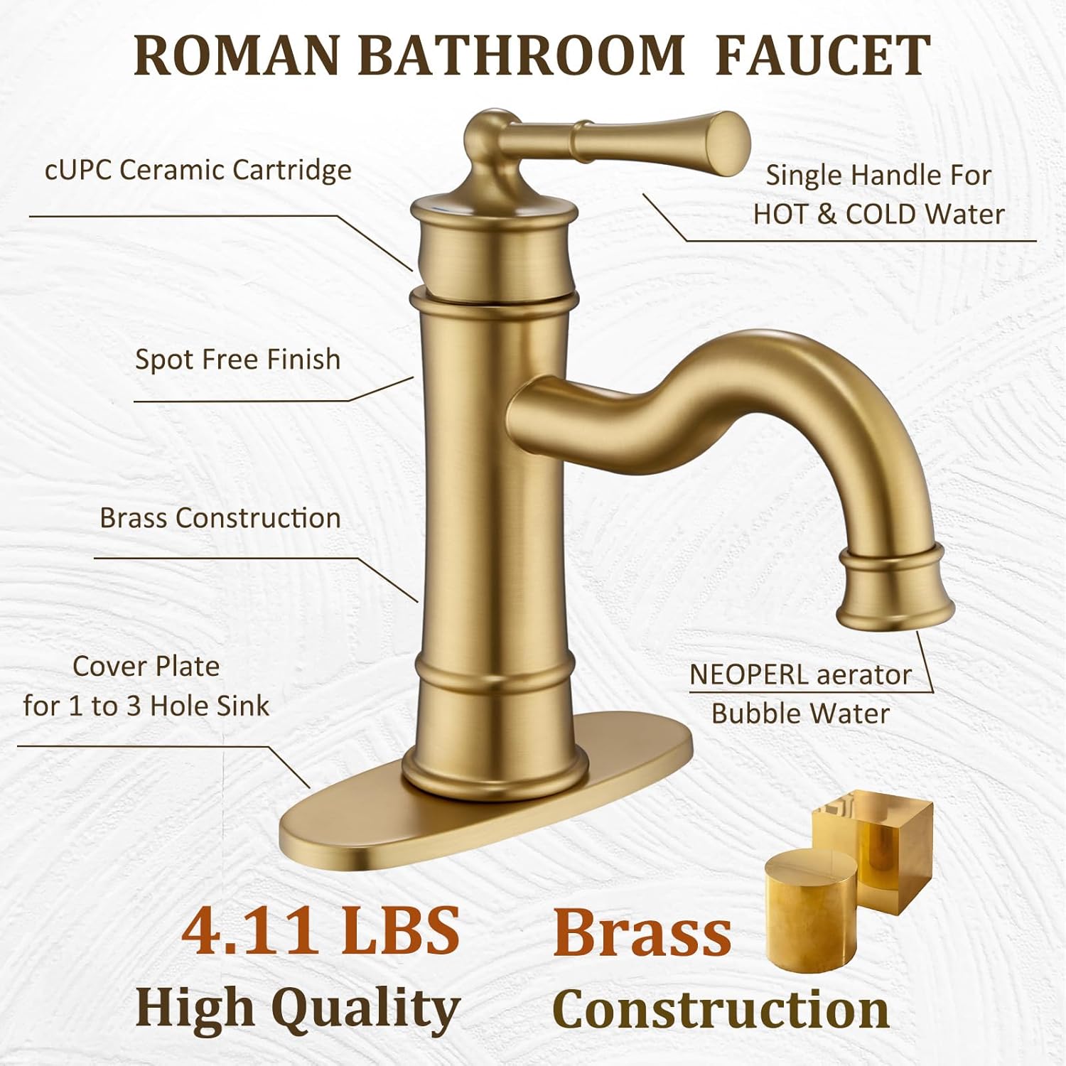 Brushed Gold Bathroom Sink Faucet, Single Handle 1 or 3 Hole Vanity Basin Faucets with Deck Plate, Vintage Long Spout Solid Brass Faucet for Sink with Pop-up Drain Assembly NL-2201BG