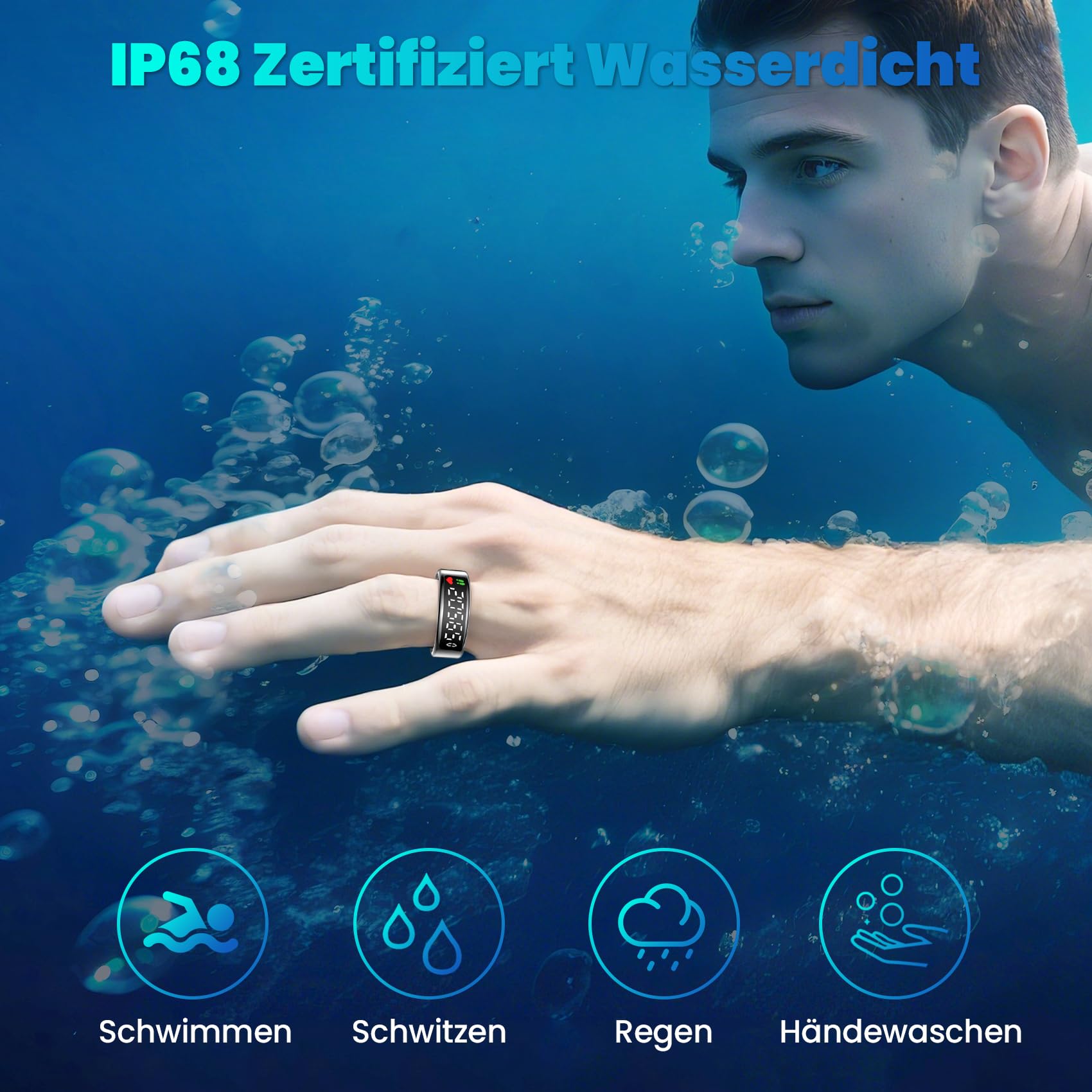 Smart Ring für Damen Herren, Smartringe mit LED Anzeige, Fitness Tracking Ring IP68, Schlaf Health Ring, Gesundheitsring mit Android/iOS,Schrittzähler/Herzfrequenz/SpO2/Aktivitätstracker (Schwarz, 8)
