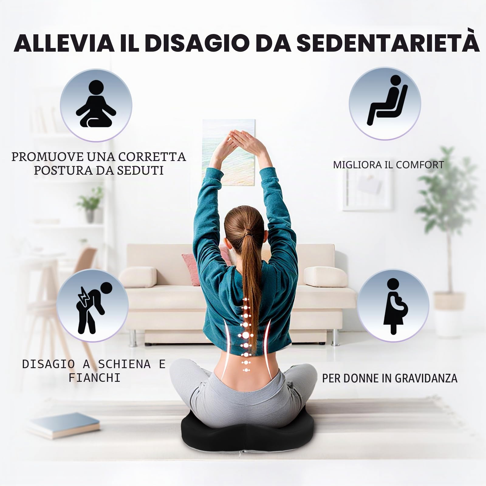 2 in 1Cuscino Sedia Ufficio Memory Foam Supporto Lombare e Seduta Cuscino Lombare Auto Ergonomico per Auto e Gaming, Allevia Dolore Coccige e Schiena, Fodera Lavabile e Base Antiscivolo