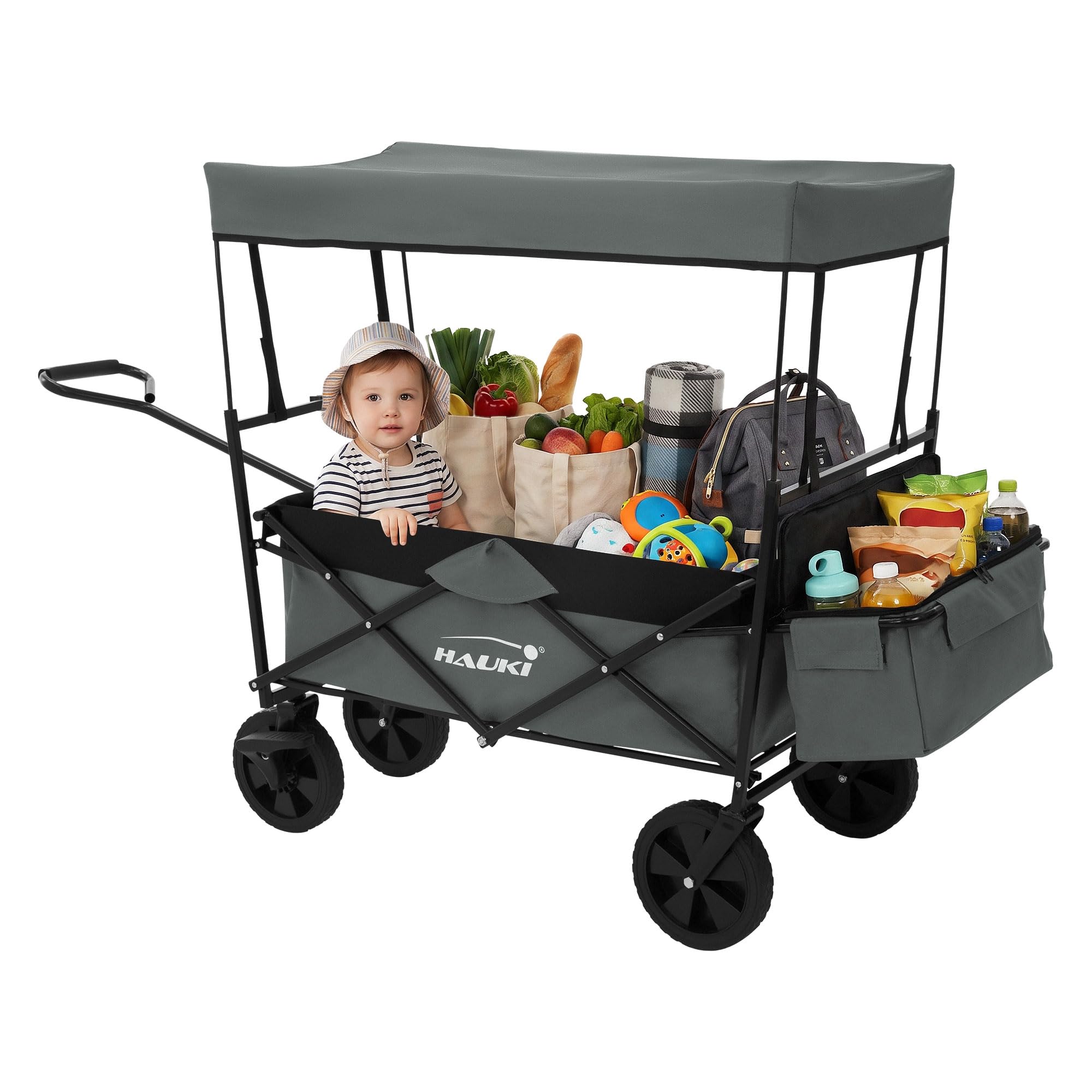 Hauki Carrello Pieghevole da Spiaggia per Bambini, Carretto a Mano per Trasporto Bimbi con Tettuccio e Borsa Posteriore, Carrello Portatutto con Parasole Grigio e Freno Ruote Anteriori, Carico 80 kg