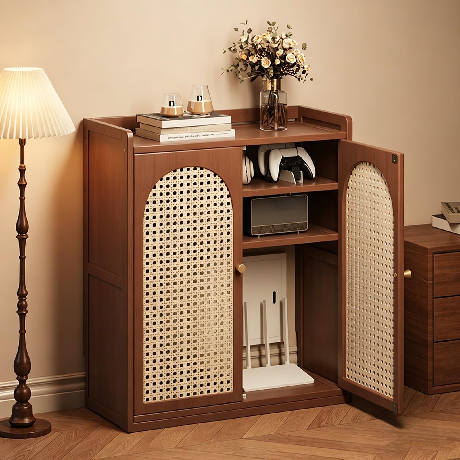 Rangement routeur Wi-Fi haut de gamme marron meuble autoportant multiprise 82 cm