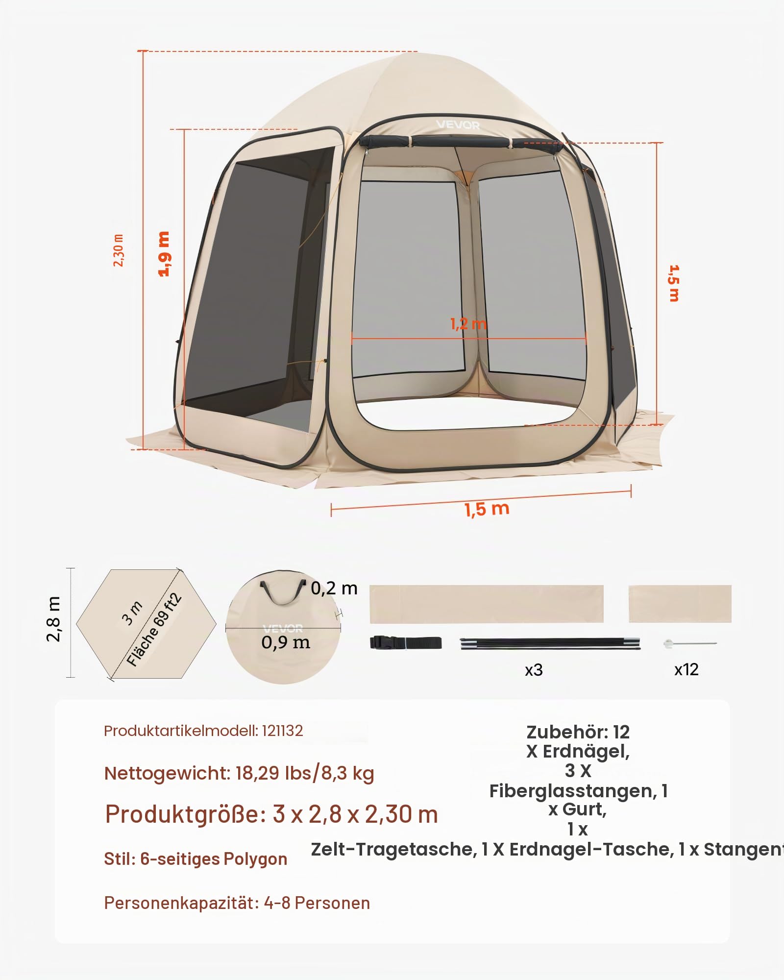 VEVOR Screen House Zelt, 3 x 2,8 m, 4-8 Personen, Pop-Up-Sichtzelt, tragbar, abgeschirmt, mit Tragetasche, Netzseiten, Erdspieße, für Garten, Terrasse, Hinterhof, Outdoor-Aktivitäten, Beige