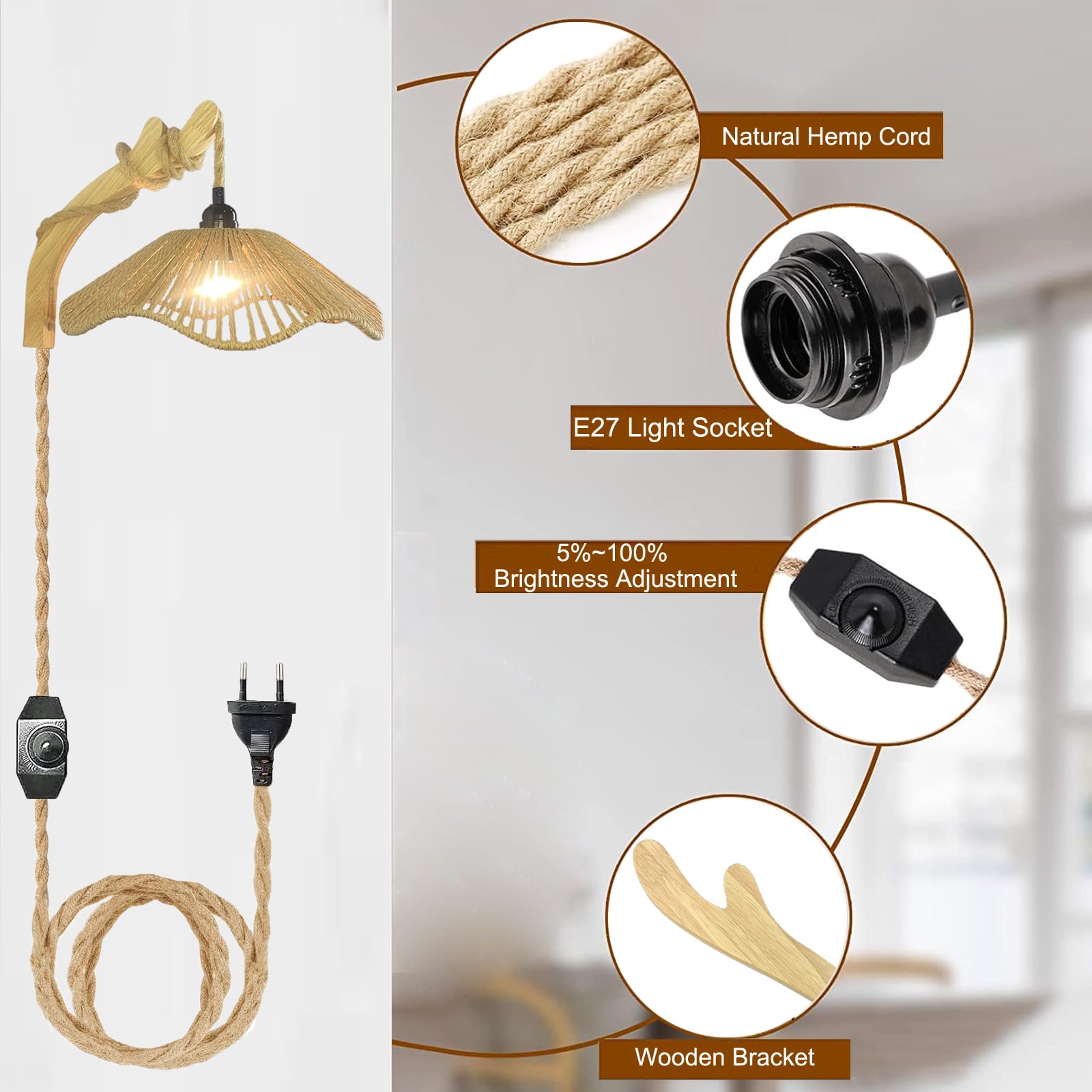 2er Set Wandleuchte Rattan Boho mit Stecker und Schalter, Dimmbar Wandlampe Innen Holz Rustikal Retro mit 3m Hanfseil Kabel E27 Vintage Wandlicht für Schlafzimmer Wohnzimmer Flur Wandbeleuchtung