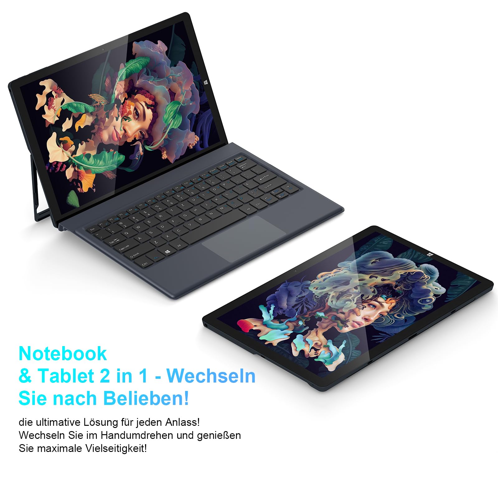 AWOW 10.1'' Tablet PC W-11 mit Gen12 N100, 12 GB LPDDR5, 256 GB UFS, Touchscreen und Abnehmbarer Deutscher QWERTZ-Tastatur - 2-in-1 Mini Laptop(Kein Stift)