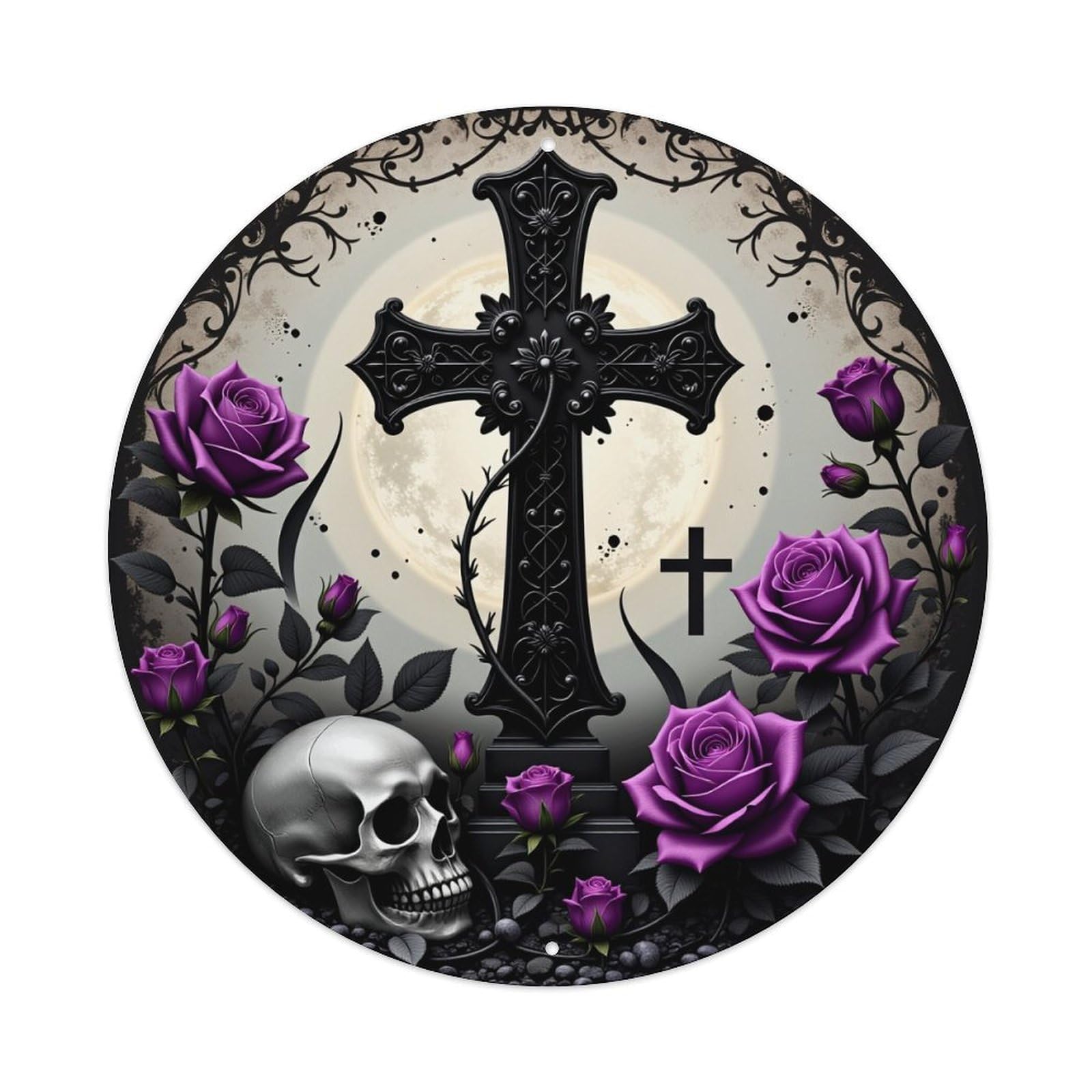 Cross Roses Skull Moon Vines Round Tin Sign Retro Metal Sign for Cafe Bar Pub Home Game Room Gym Club Wall Decoration Vintage Metal Poster 8x8 Inch