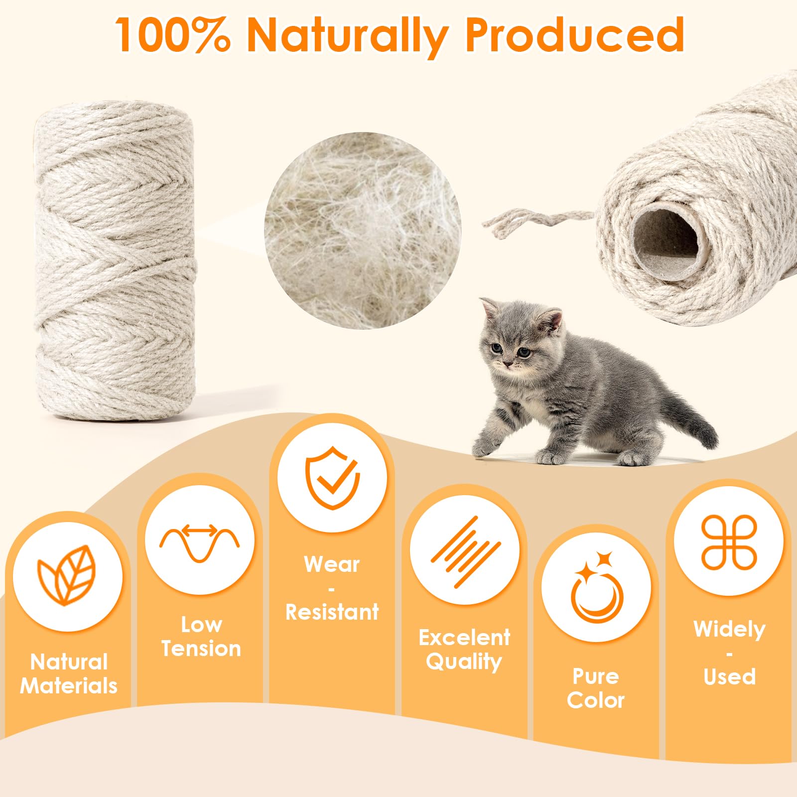 Cuerda de sisal para rascador de gatos, 164 pies/50 m, cuerda de yute natural de 6 mm de grosor para postes de rascar, cuerda de árbol de gato, cuerda de árbol de gato, reemplazo de poste de rascado,
