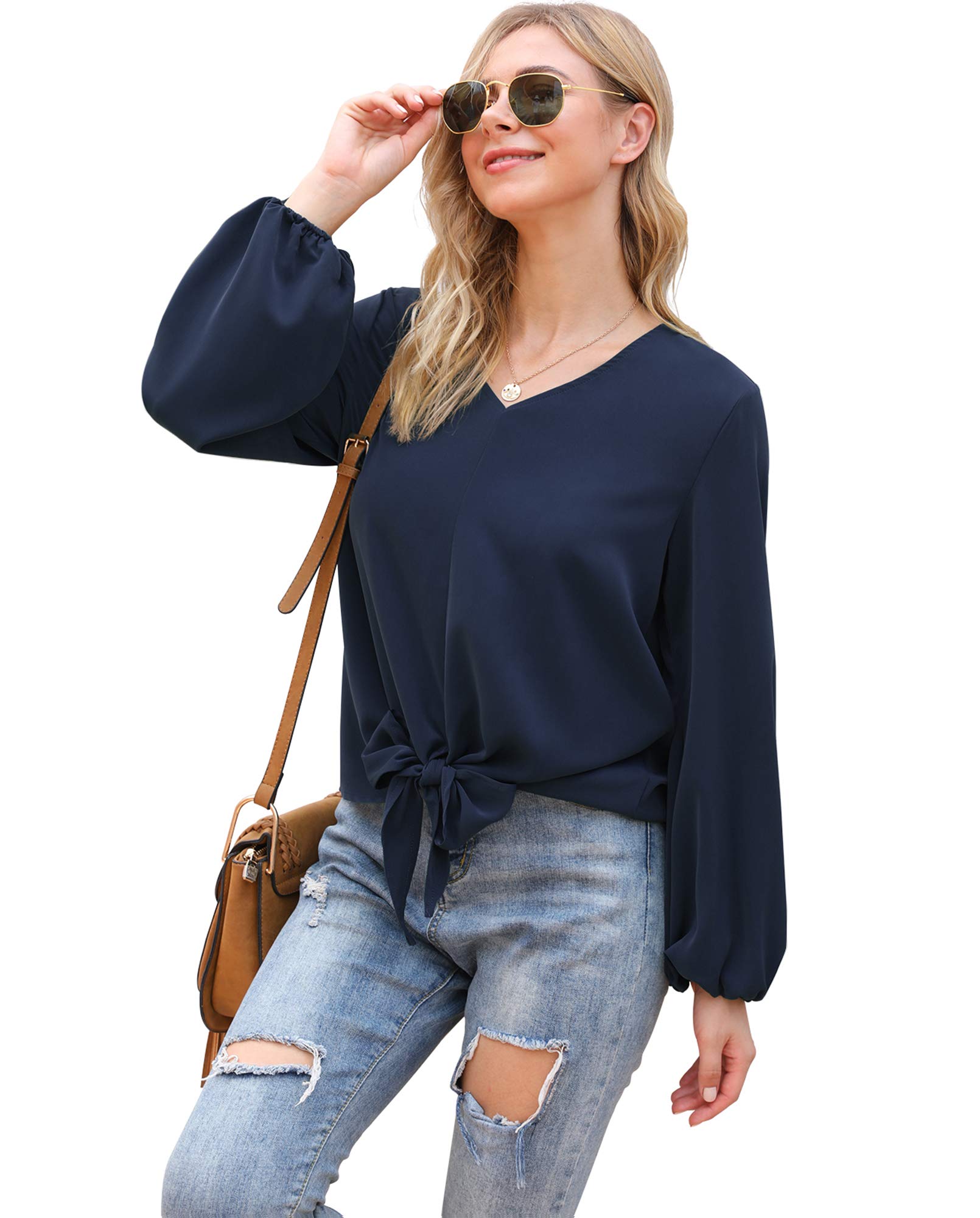 VIISHOW Womens Tie Front Knot Lartern Sleeve Loose Fit V Neck Floral Blouses Chiffon Tops Shirts
