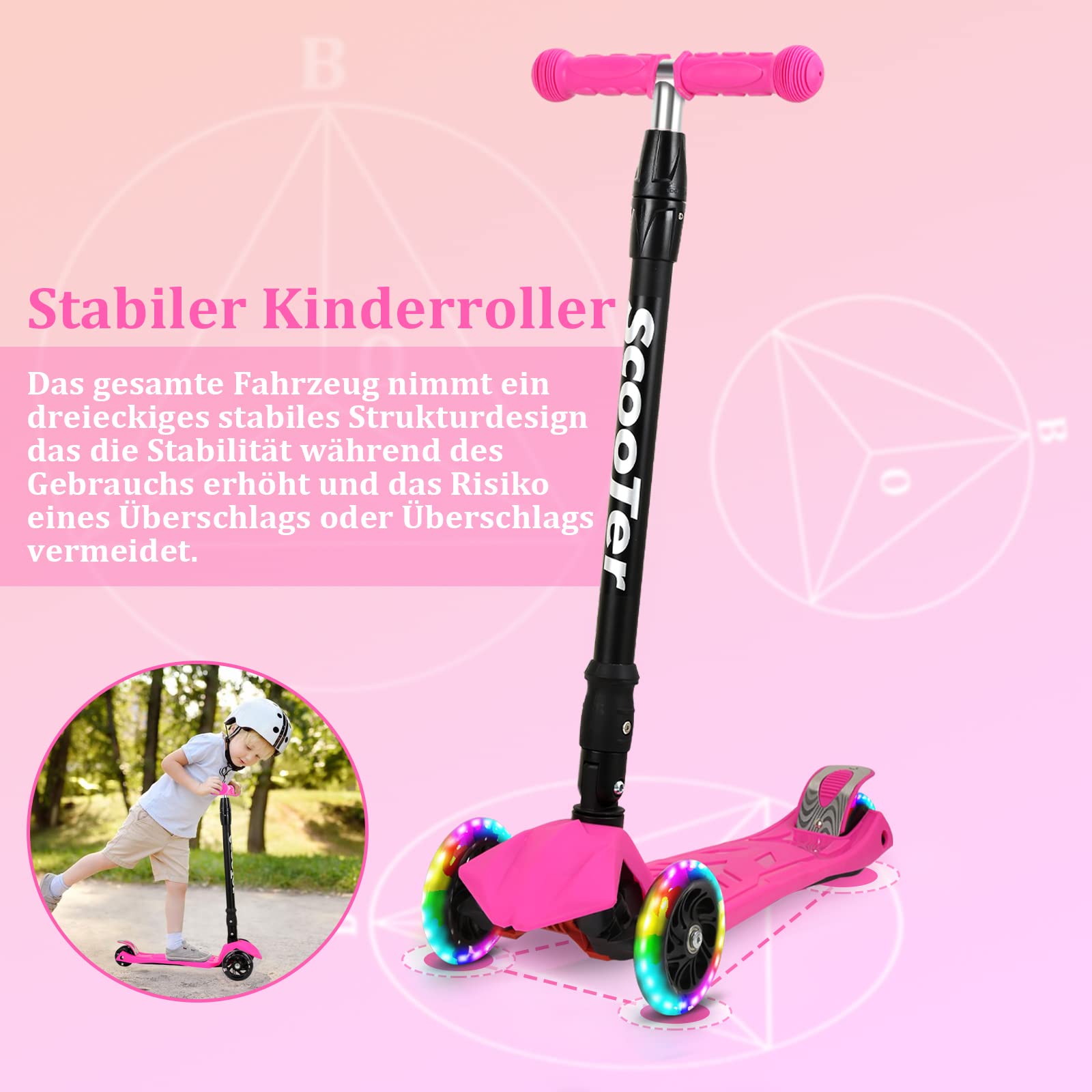 Monopattino per Bambini, scooter a tre ruote con ruote illuminate a LED, 4 Level scooter per bambini regolabile in altezza, max 50 kg, per scooter per bambini da 3-14 anni