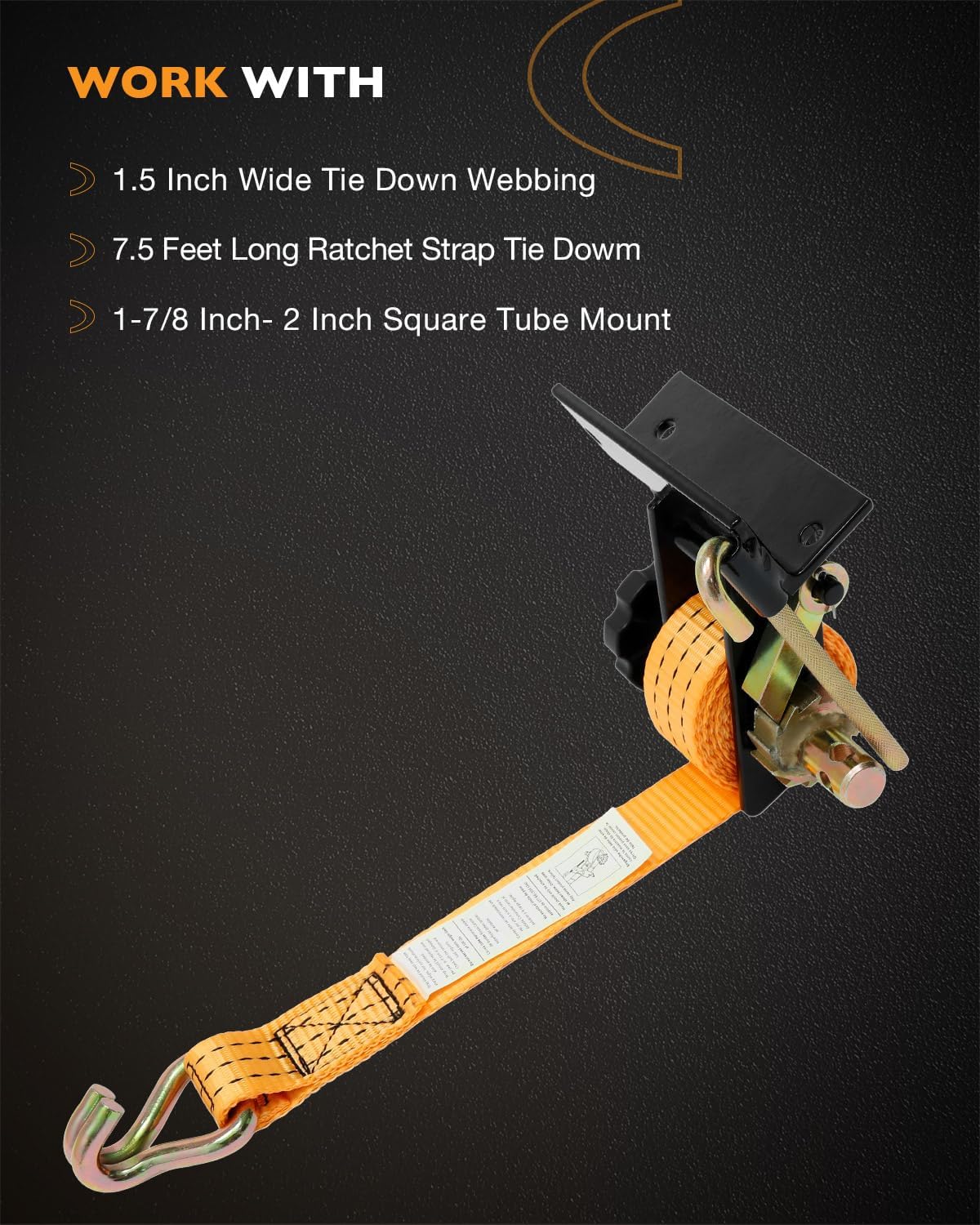 Ladder Rack Ratchet Straps, W/J-Hook (2PCS), 1.4" Black Square Tube Mount, 1.5" Wide x 7.5' Long, Orange Truck Rack Straps, 500 lbs Load Heavy Duty, Lumber Rack Ratchet Strap, Pipe/Roof Rack Strap