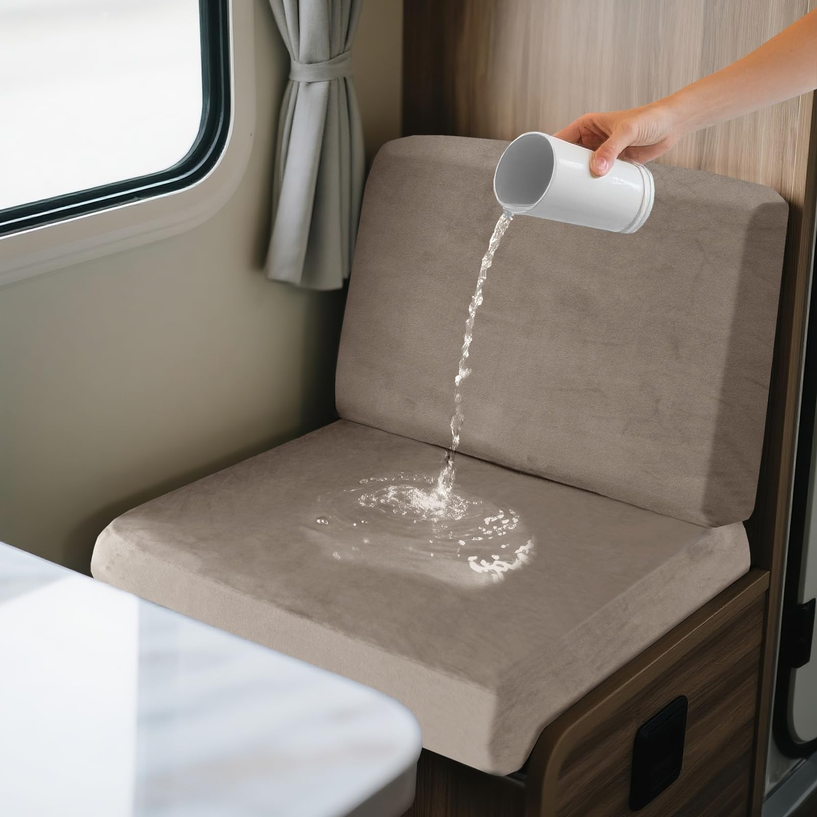 SYLC 2 Piece Waterproof Caravan Seat Covers and Backrest Cover, Non-slip Motorhome Dinette Cushion Covers with Ties, Stretch Campervan Seat Covers Velvet (Taupe,Square M) โ image 1