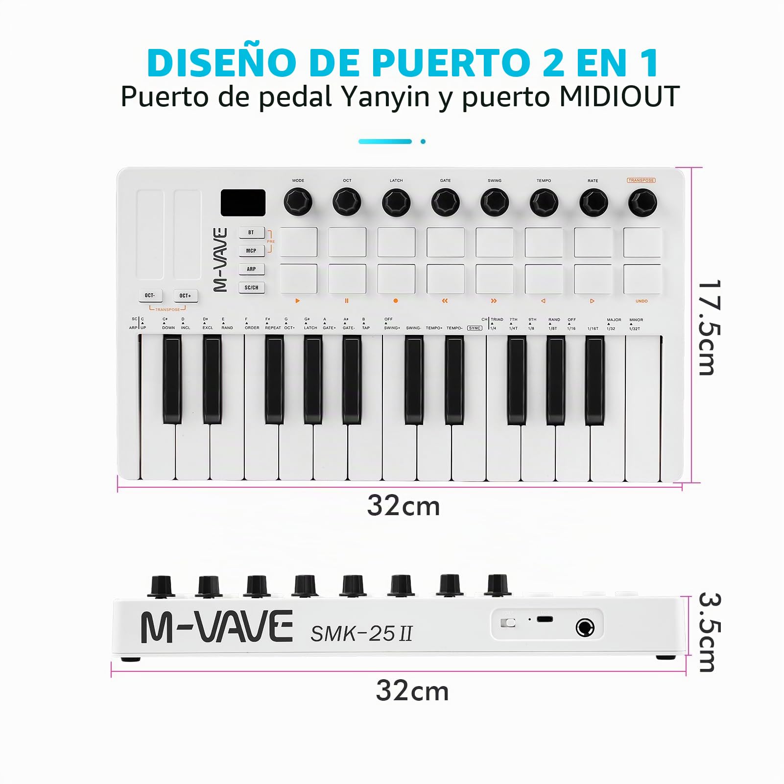 Nikou M-VAVE Upgrade USB Mini Teclado Controlador 25 Teclas, Batería Recargable, Arranger Keyboard Portátil, Almohadillas RGB, Batería Integrada (Blanco)