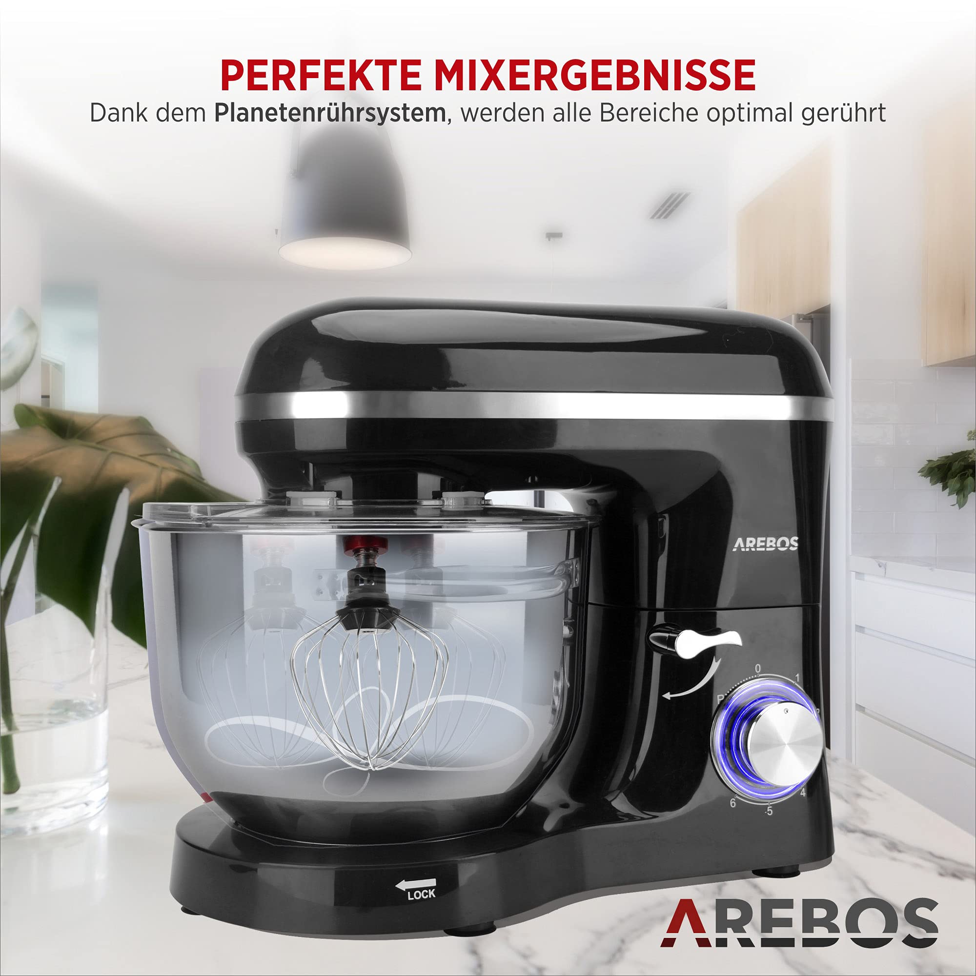 Arebos Küchenmaschine 1500W mit 6L Edelstahl-Rührschüssel | Schwarz | inkl. Rührhaken, Knethaken, Schneebesen | Spritzschutz | 6 Geschwindigkeiten | Knetmaschine | Teigmaschine