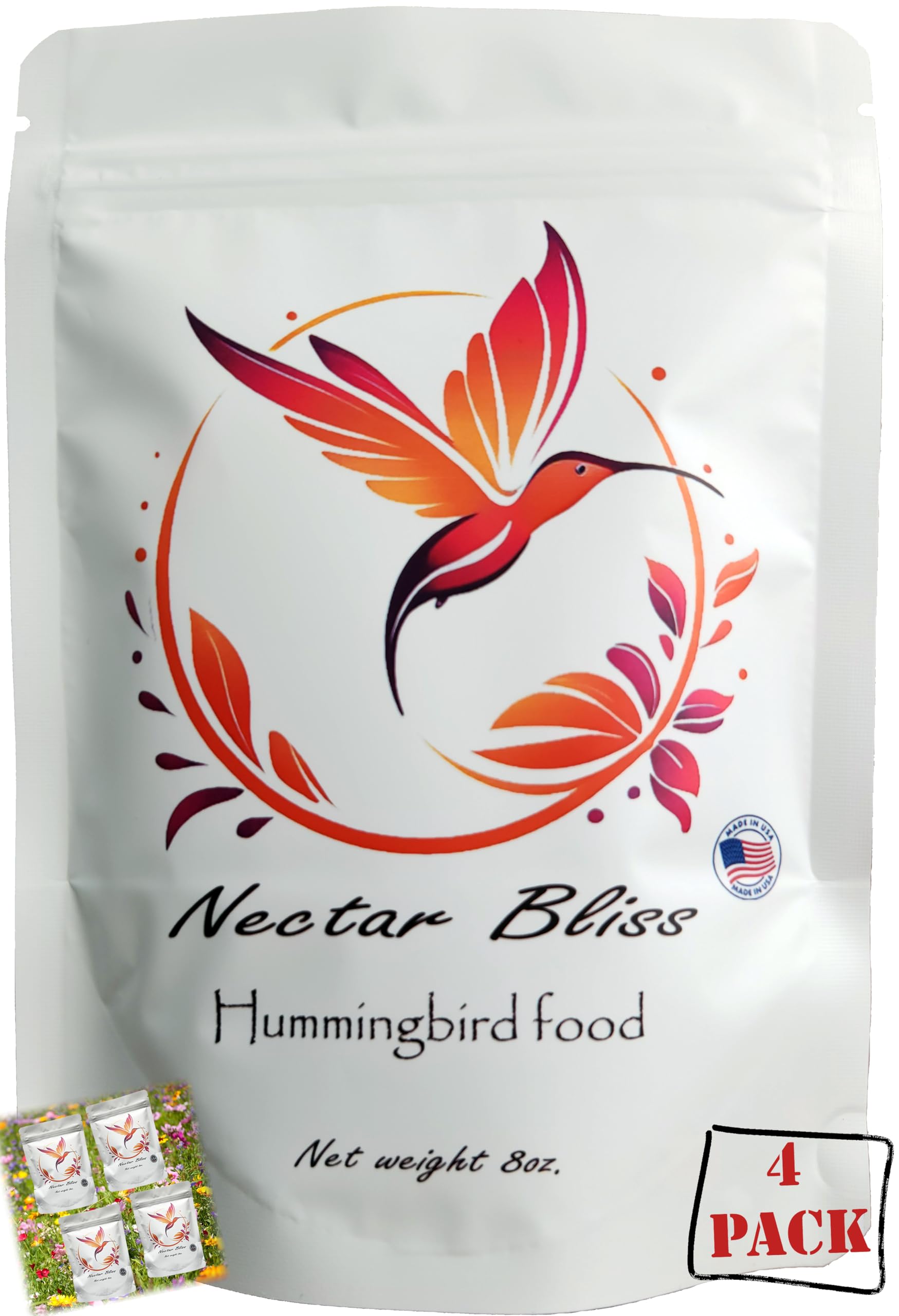 Nectar Bliss Clear Hummingbird Nectar Powder 4 Pack Makes 128 oz 1 Gallon | All Natural Hummingbird Food Mix | Dye Free No Boil Instant Mix | Iron