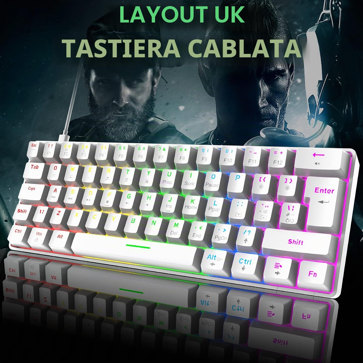 FELiCON x ZIYOU LANG T60 Tastiera da gioco meccanica al 60%, Tastiera Gaming Cablata Type-C, Compact 62 Tasti, 19 RGB Rainbow Chroma Retroilluminato, Blue Switch Mechanical Keyboard per PC Mac-Bianco