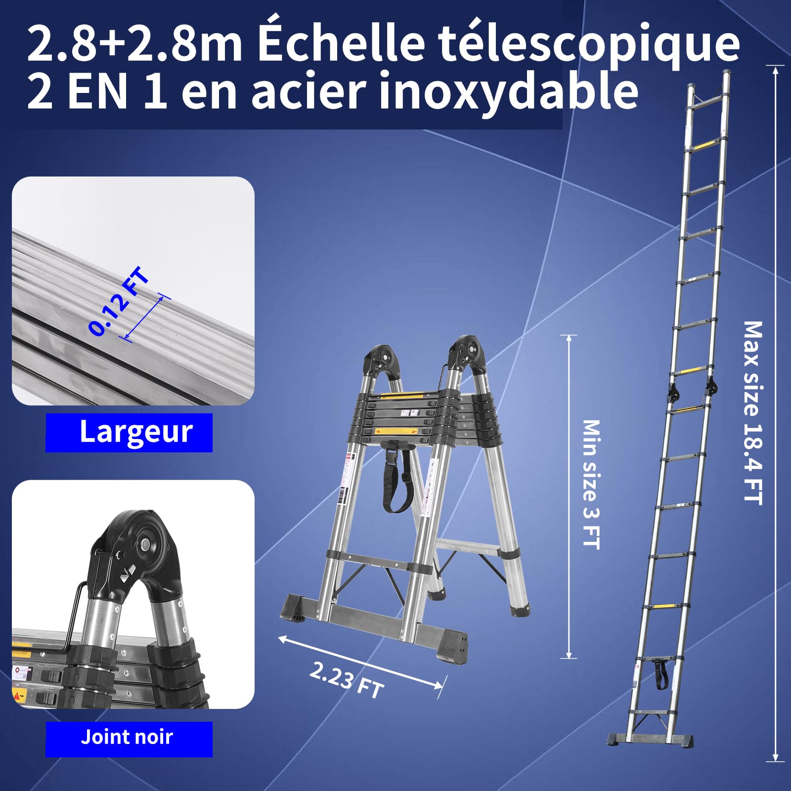 JADDUO Échelle Télescopique en Aluminium 5.6 m (2.8 m + 2.8 m) avec Stabilisateur et Roues Capacité 150 kg Idéale pour Nettoyage Gouttières et Réparations Extérieures