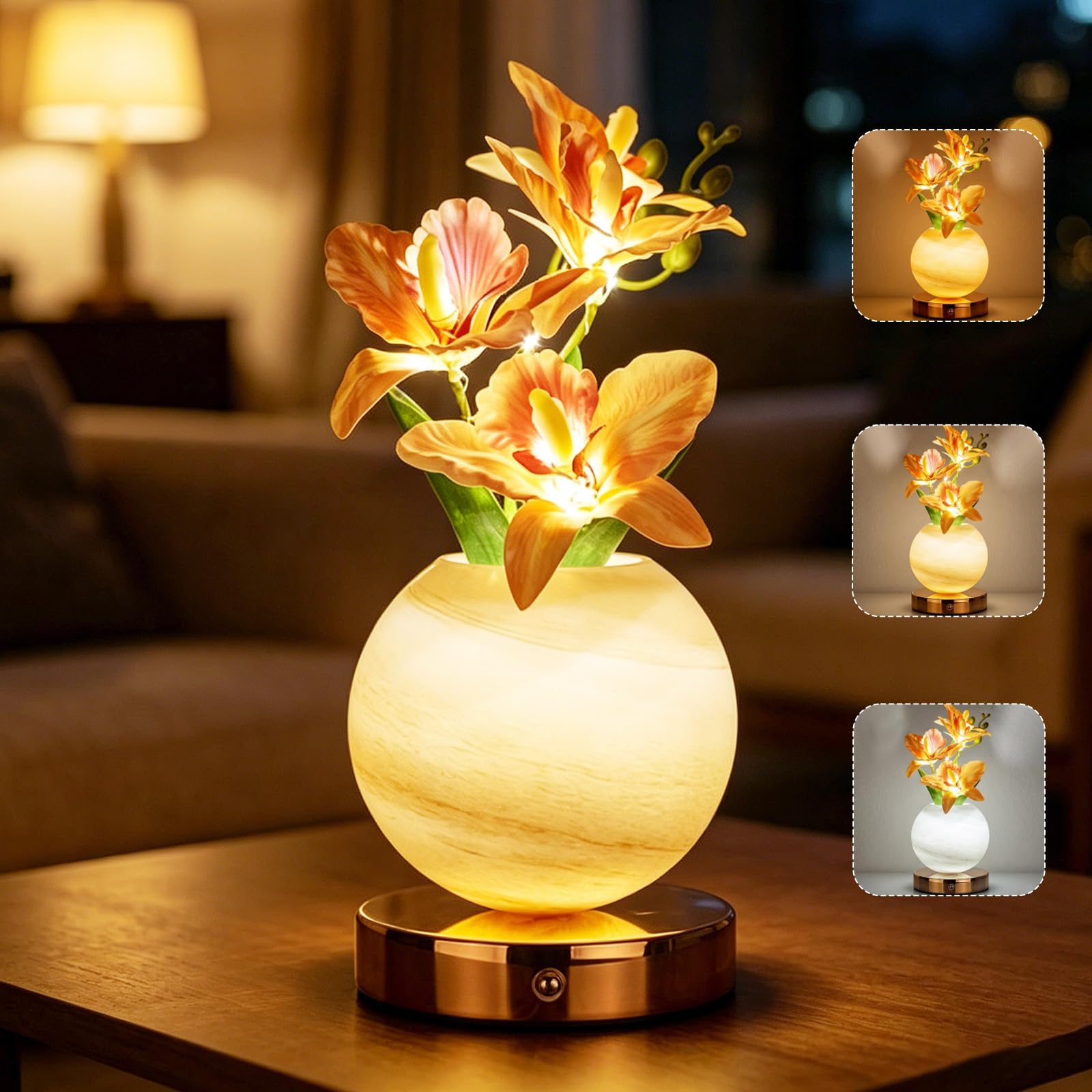 AVEKI Tulip Table Lamp,3 Color Dimmable Touch Crystal Vase Bedside Light,Rechargeable Cordless Artificial Tulips Flowers Desk Lamp Decor for Date Party Home,Romantic Gift for Woman Mom (Orange-Orchid)