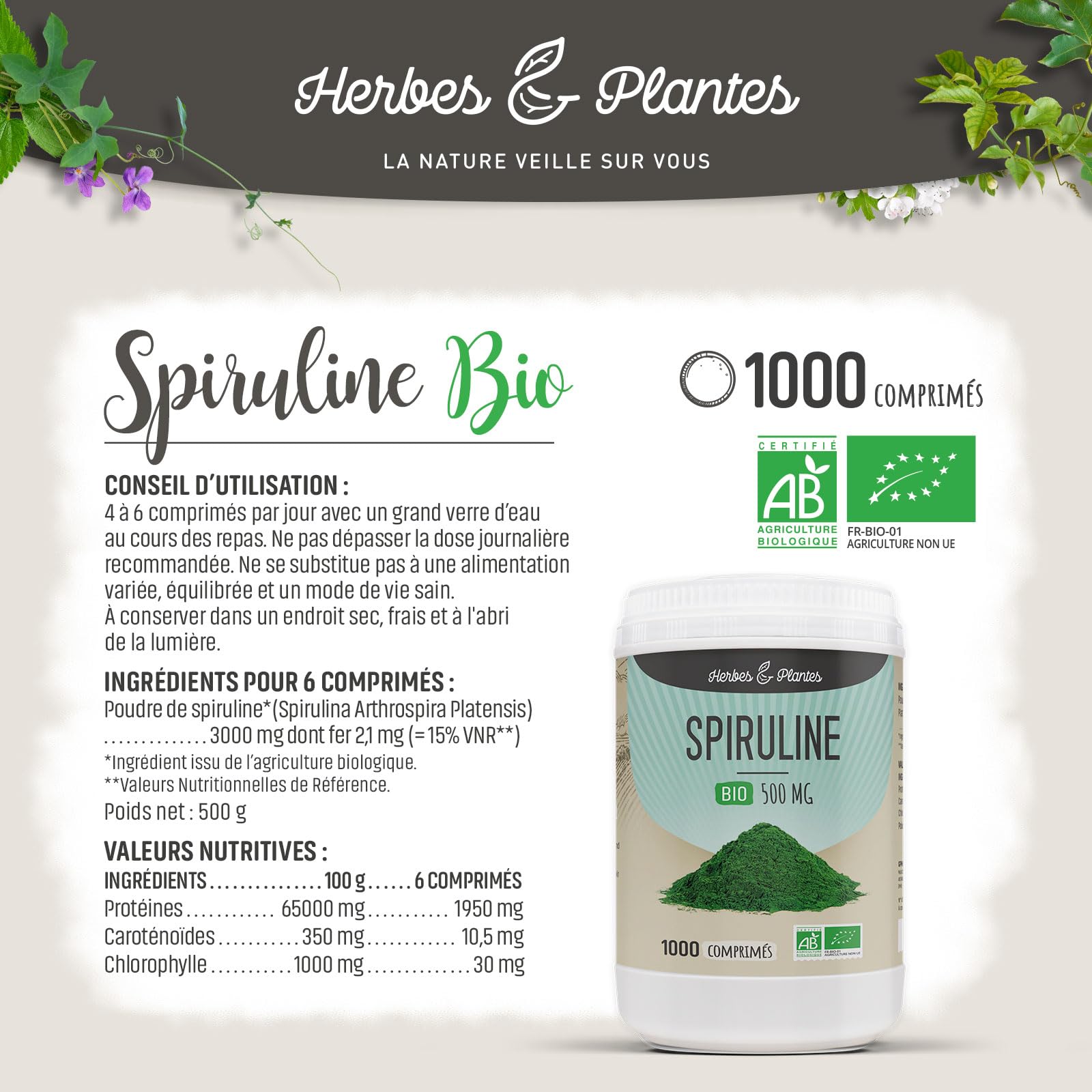 Herbes Et Plantes Spiruline Bio 1000 Comprimés 500 mg