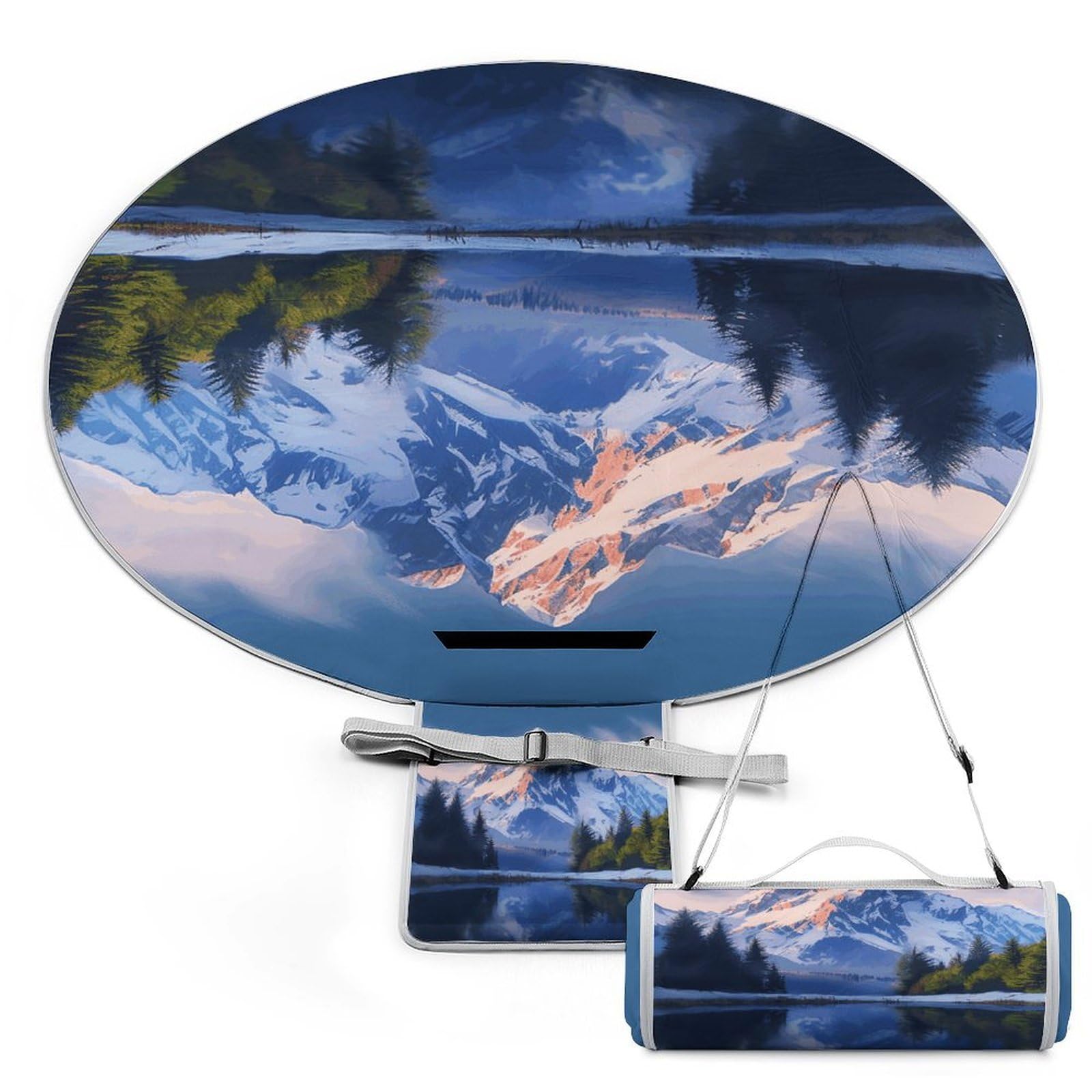 Coperta da picnic con neve e montagna, rotonda, pieghevole, leggera, coperta da spiaggia, impermeabile, coperta per attività all'aperto per primavera, estate, campeggio, parco, erba da