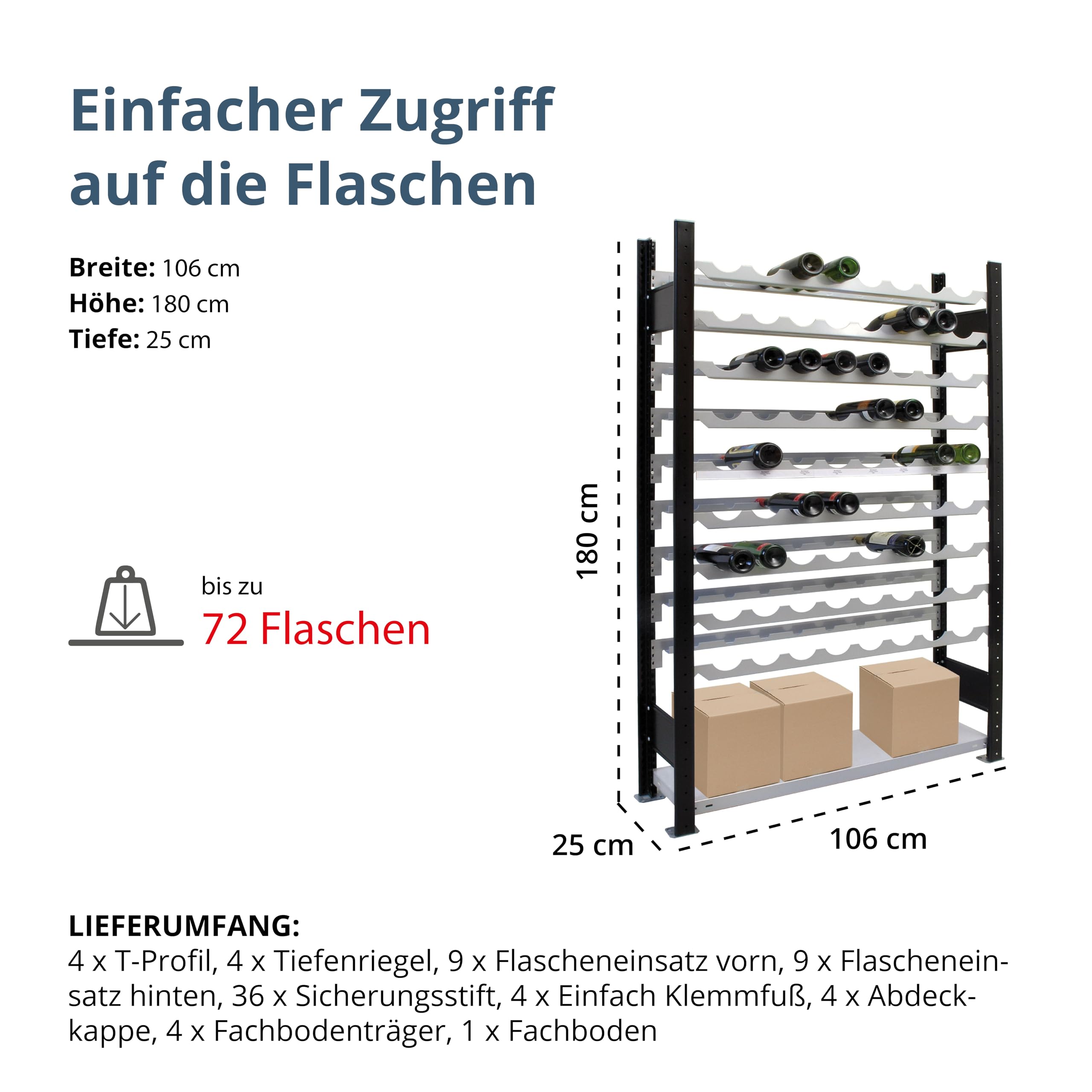 Schulte Regalwelt Weinregal für bis zu 72 Flaschen, 180x100x25 cm (HxBxT), schwarz-Silber, Getränkeregal, Weinflaschenregal, Flaschenregal