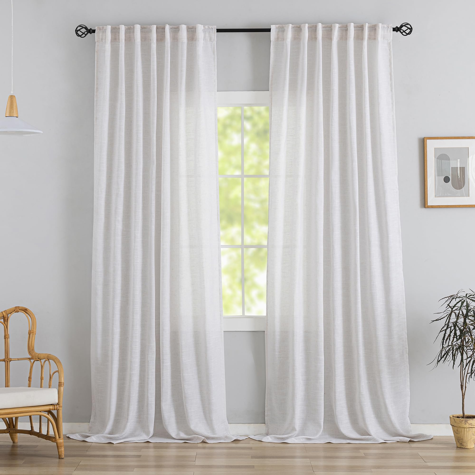 White with Linen Back Tab Curtains 120 Inches Extra Long Ceiling to Floor for Villa Living Room - 2 Panels Hooks Belt Pinch Pleated Easy Sliding Curtains Light Reducing Semi Privacy Sheer Drapres