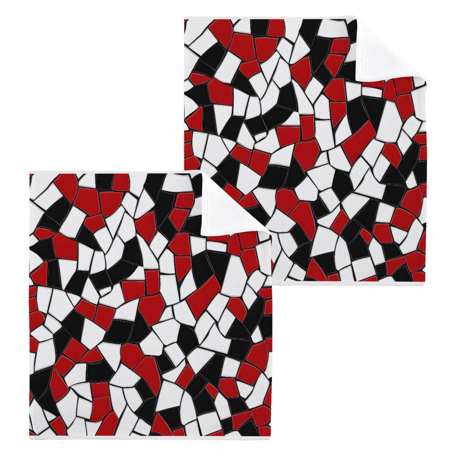 ALAZA Wash Cloth Set 100% Cotton Fingertip Towels Face Cloths Sets Mosaic White Red Black Highly Absorbent Soft Feel Set of 2