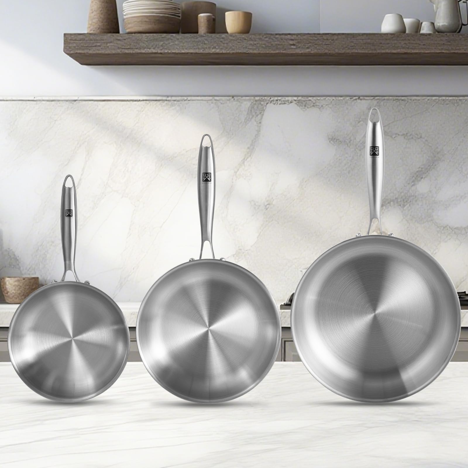 GOLDEN KEY Edelstahlpfanne Set 28 24 20 cm, Bratpfannen Edelstahl Induktion unbeschichtet, Edelstahl Pfanne ohne beschichtung,Stainless Steel Pan Set Für alle Herdarten Ofenfest Spülmaschinenfest