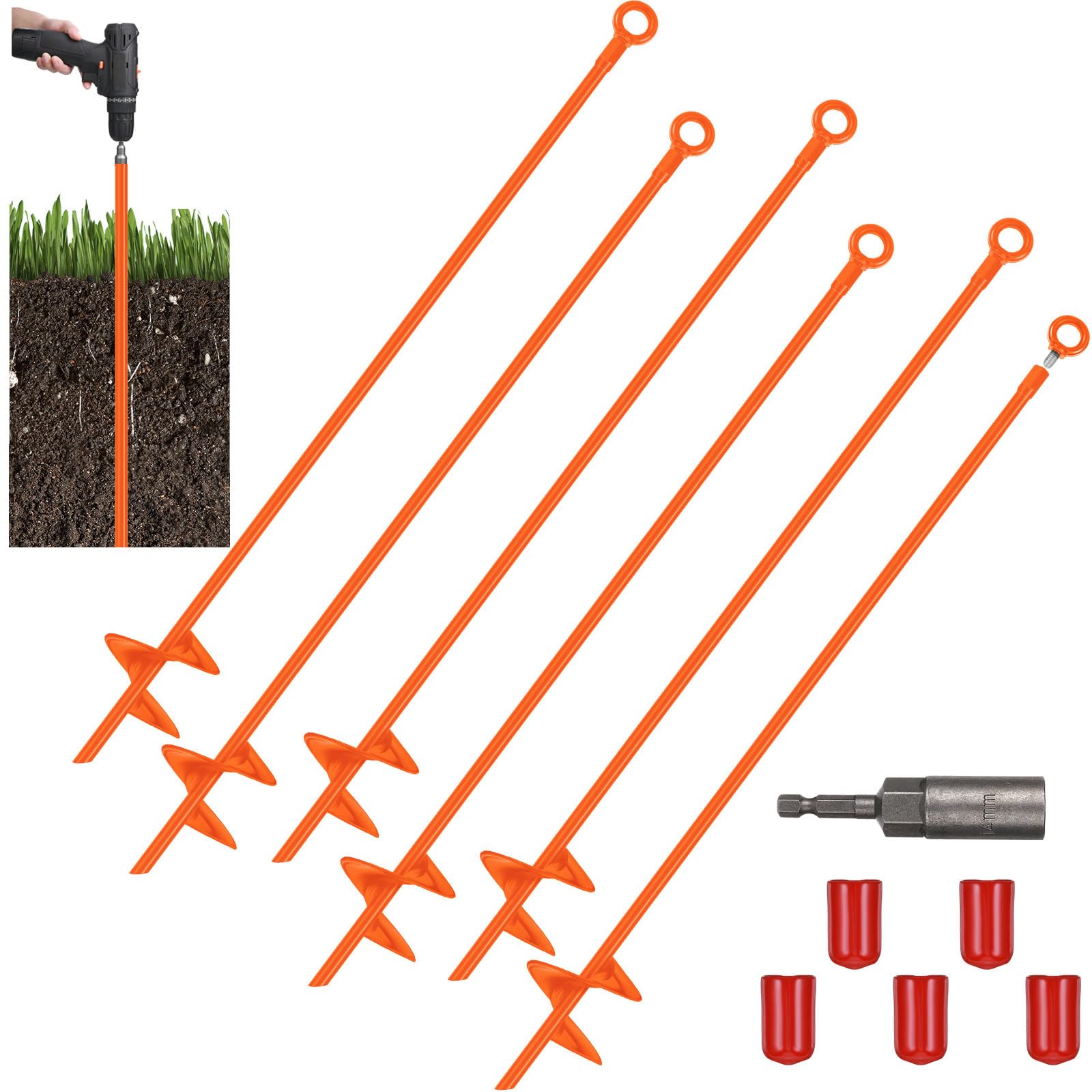 6 Pcs 30 Inch Long Spiral Ground Anchor Heavy Duty for Hard Soil (Orange)