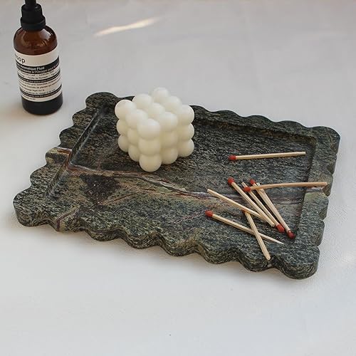 Miniatura 6 de Bandeja de mármol festoneado de lujo natural de 10.8 x 8 pulgadas, bandeja rectangular verde para tocador de baño, cocina, bandeja decorativa para