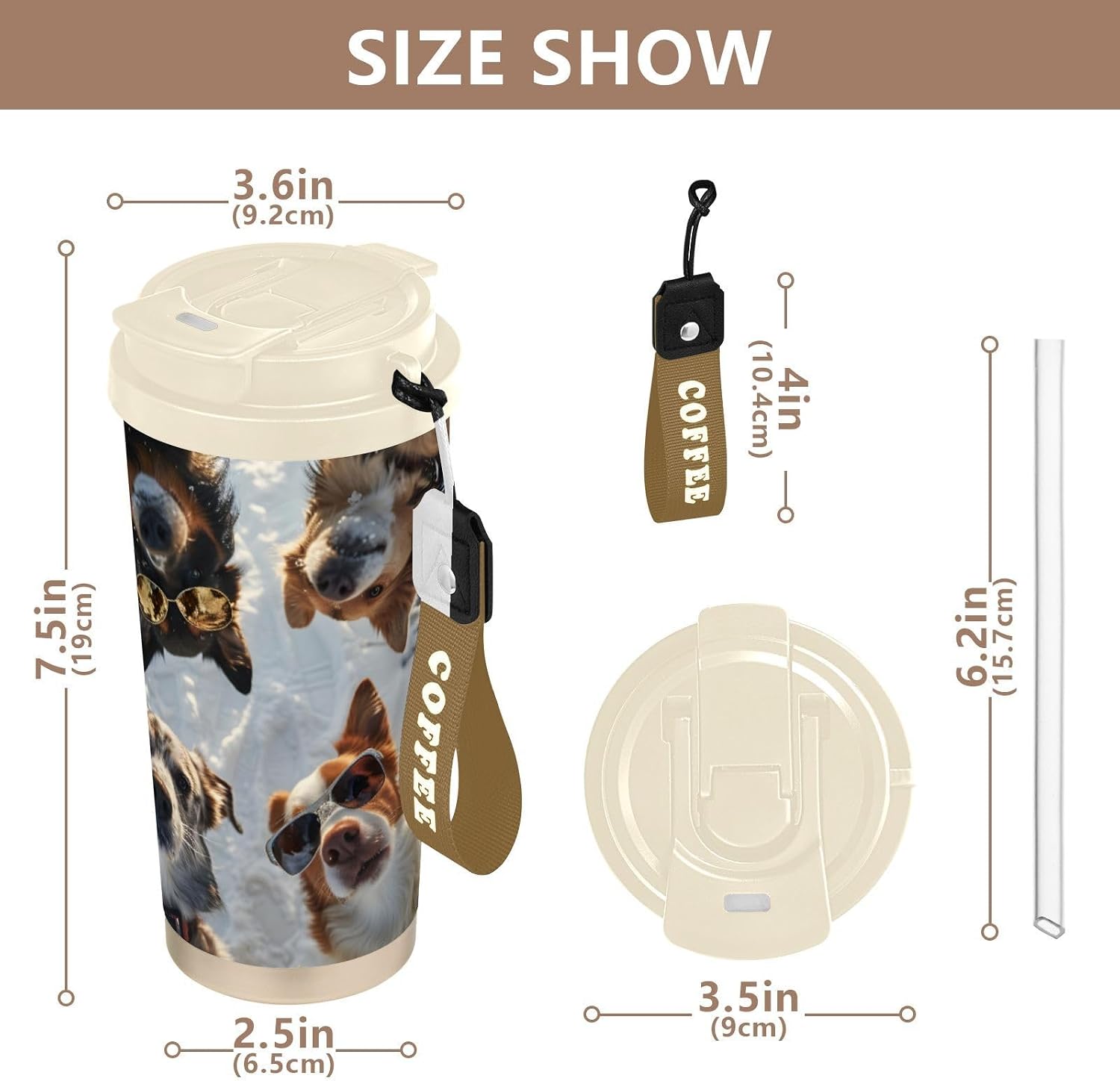 Dogs Funny Head Insulated Coffee Mug with Straw & Flip Lid, 16.9oz Iced Tumbler Cup, Double Wall Vacuum Mug for Travel Office