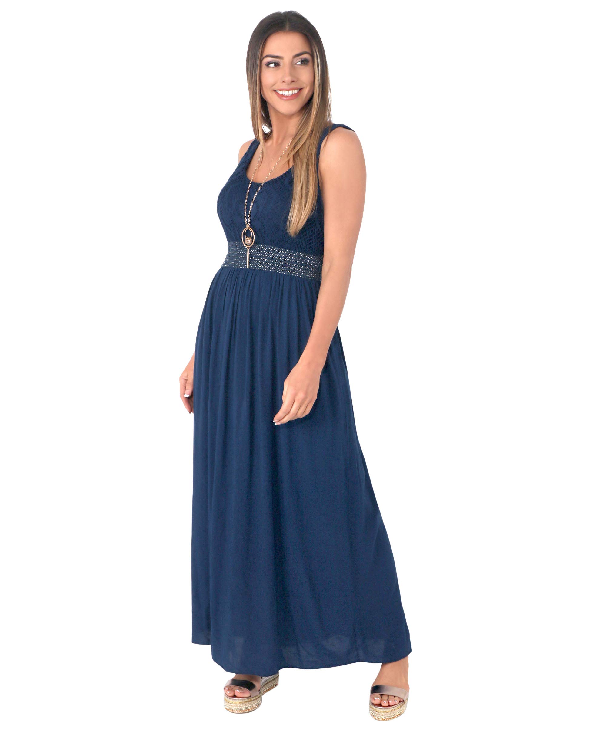 KRISP Damen Maxikleid Sommerkleid Boho Baumwolle Mit Lochmuster