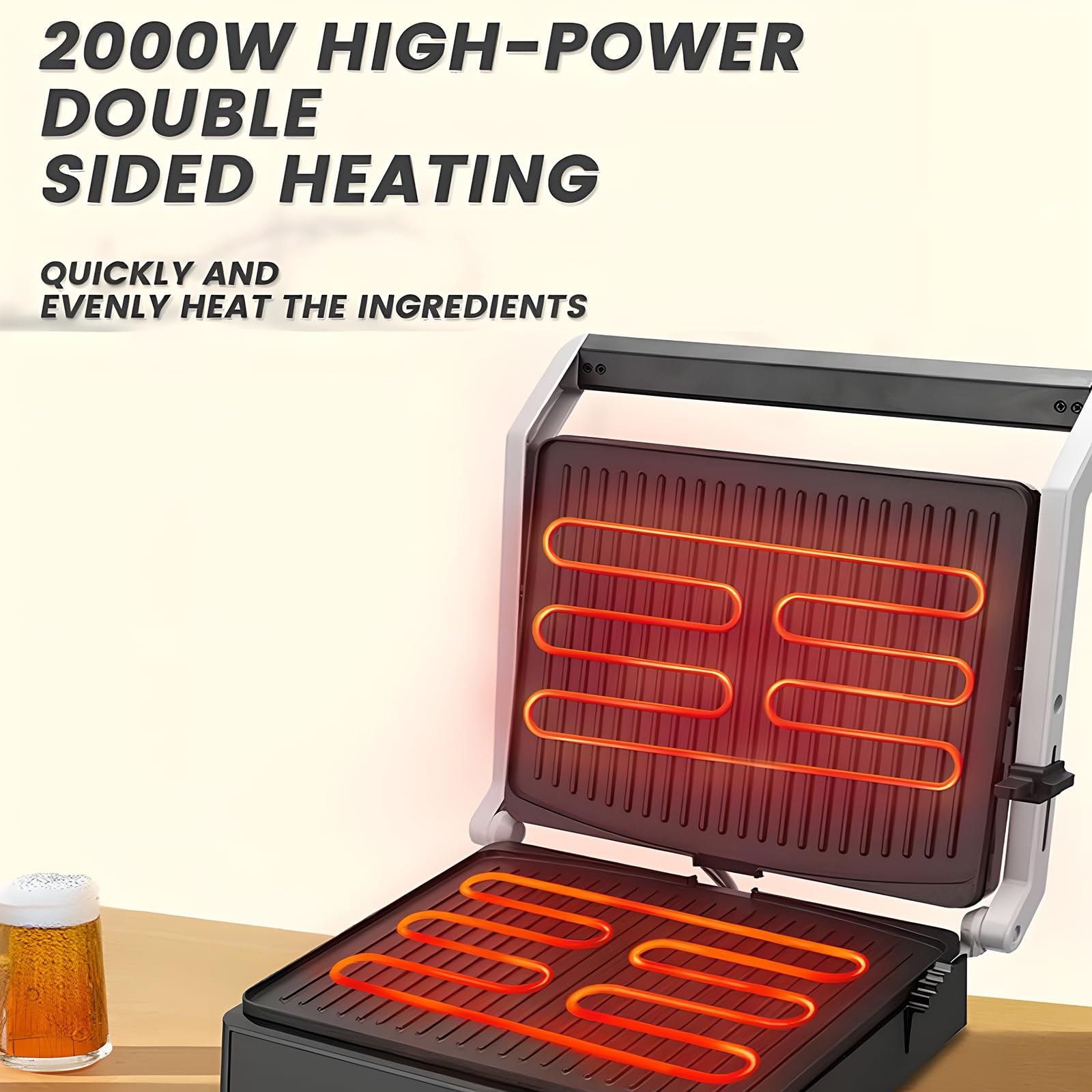 Opiekacz do kanapek, bezdymna patelnia do domowego grillowania, z 38-częściowym zestawem narzędzi do grillowania ze stali nierdzewnej, otwieranie 105° i 180°, powłoka nieprzywierająca