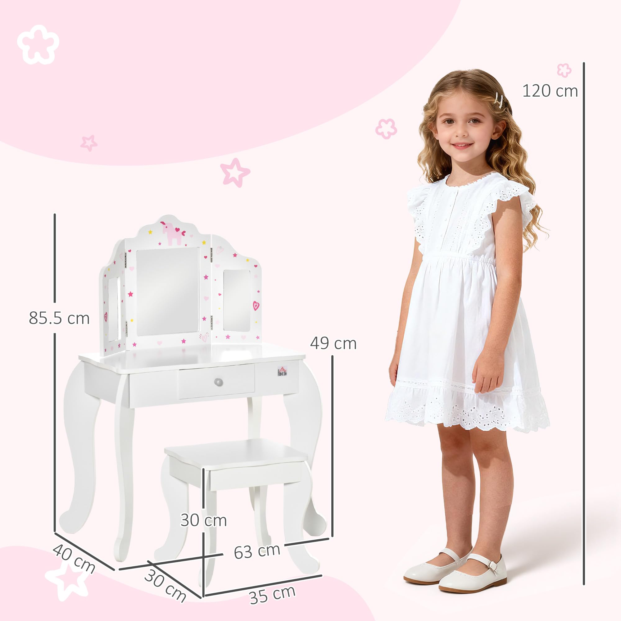 HOMCOM Tavolo da Trucco per Bambini con Sgabello 2 in 1 Scriniva in Legno e Triplo Specchio, Toeletta Trucco in MDF e Acrilico, 63x40x85.5 cm, Bianco e Rosa