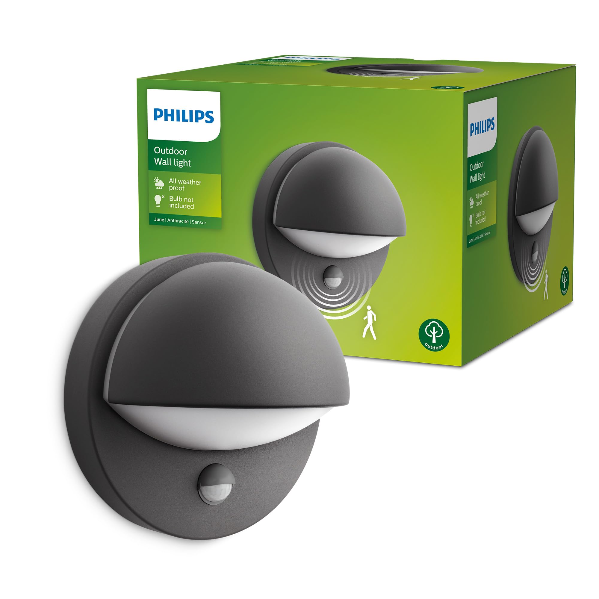 PHILIPS June Outdoor-Leuchte, Wandlampe, Außenlampe mit Bewegungsmelder, Außenbeleuchtung, IP44-Wetterfest, Langlebig, Aluminium, Modernes Design, Anthrazitgrau, E27-Leuchtmittel Separat Erhältlich